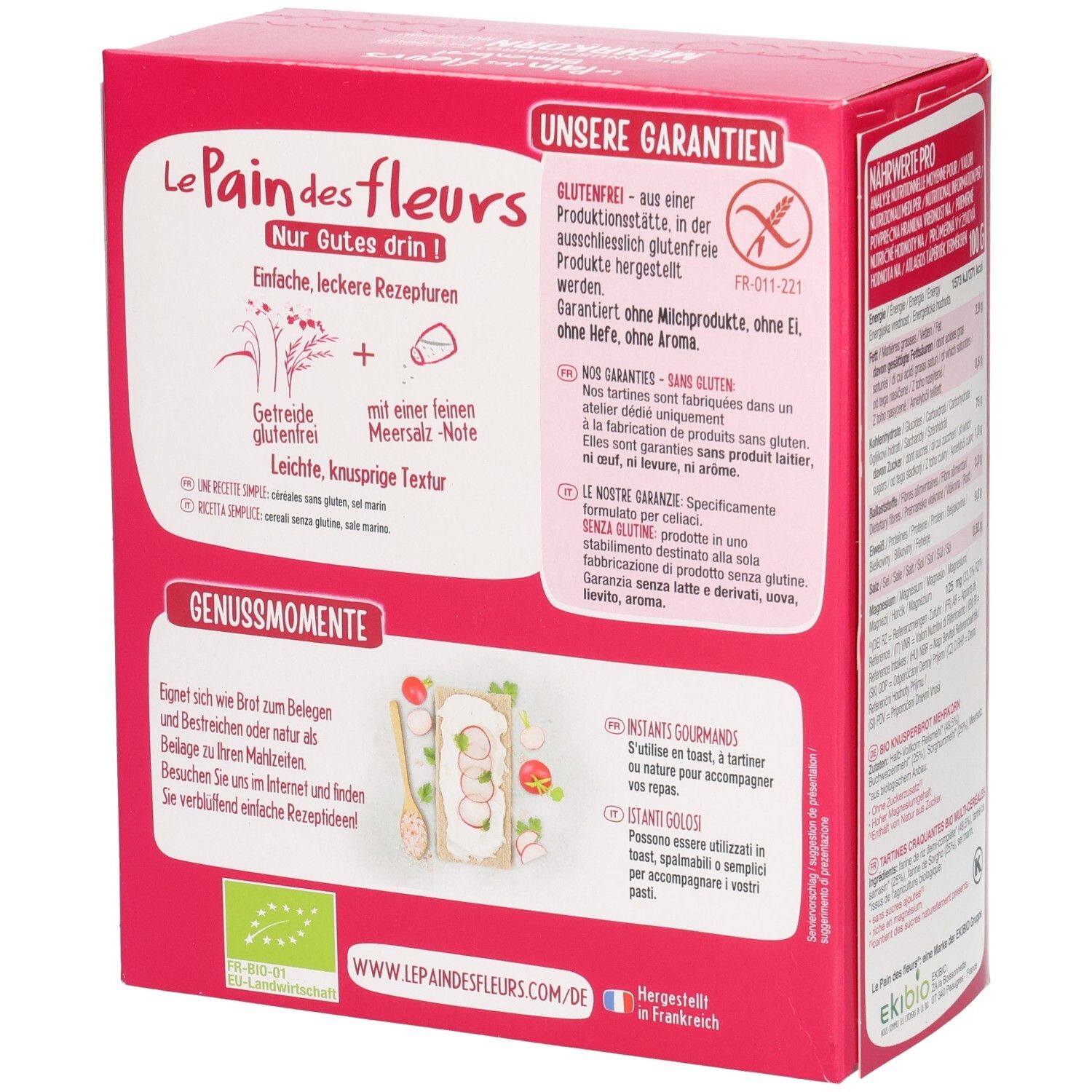 Verpackung mit glutenfreien Mehrkorn-Knusperbrotschnitten. Rückseite mit Rezepten und Garantiehinweisen.
