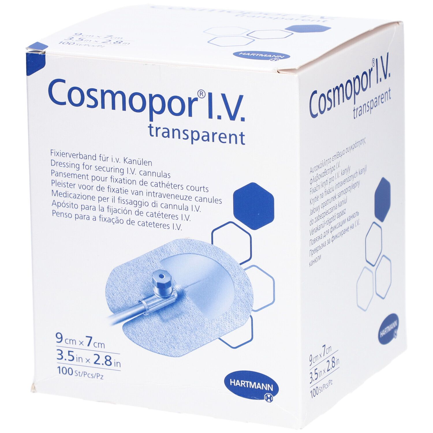 Boîte de Cosmopor I.V. transparent. Pansement pour cathéters courts. 9 x 7 cm. 100 pièces. Logo HARTMANN.