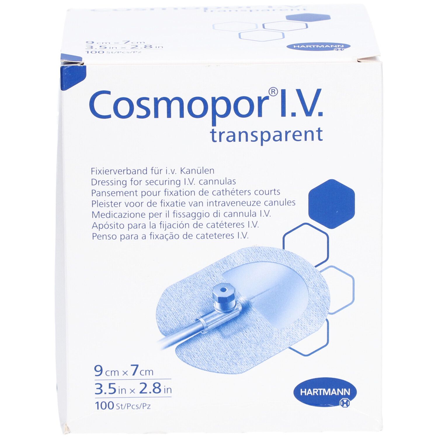 Boîte de Cosmopor I.V. transparent. Pansement pour cathéters courts. 9 x 7 cm. 100 pièces. Logo HARTMANN.