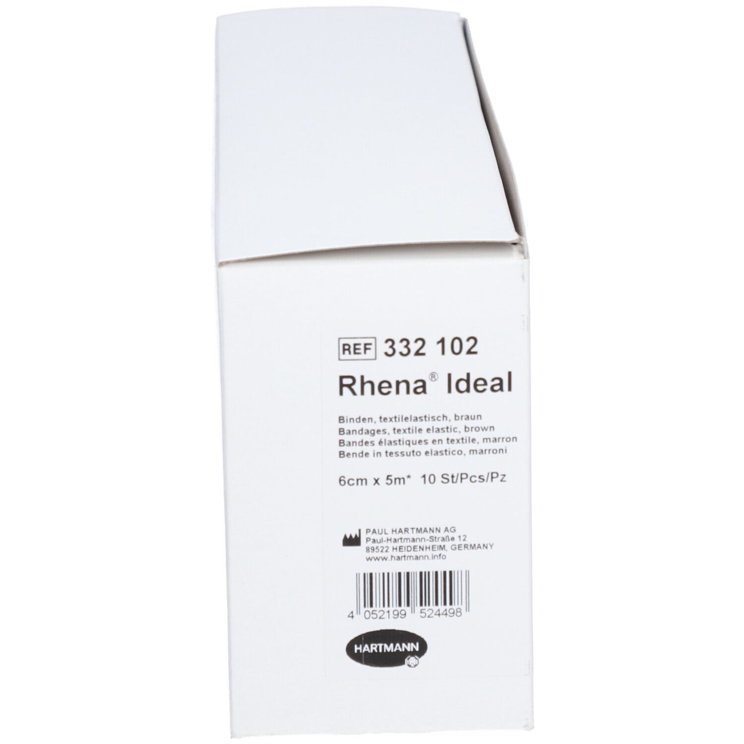 Verpackung von Rhena Ideal elastische Binde. Text: 6cm x 5m, 10 St/Pcs/Pz. Marke: HARTMANN.
