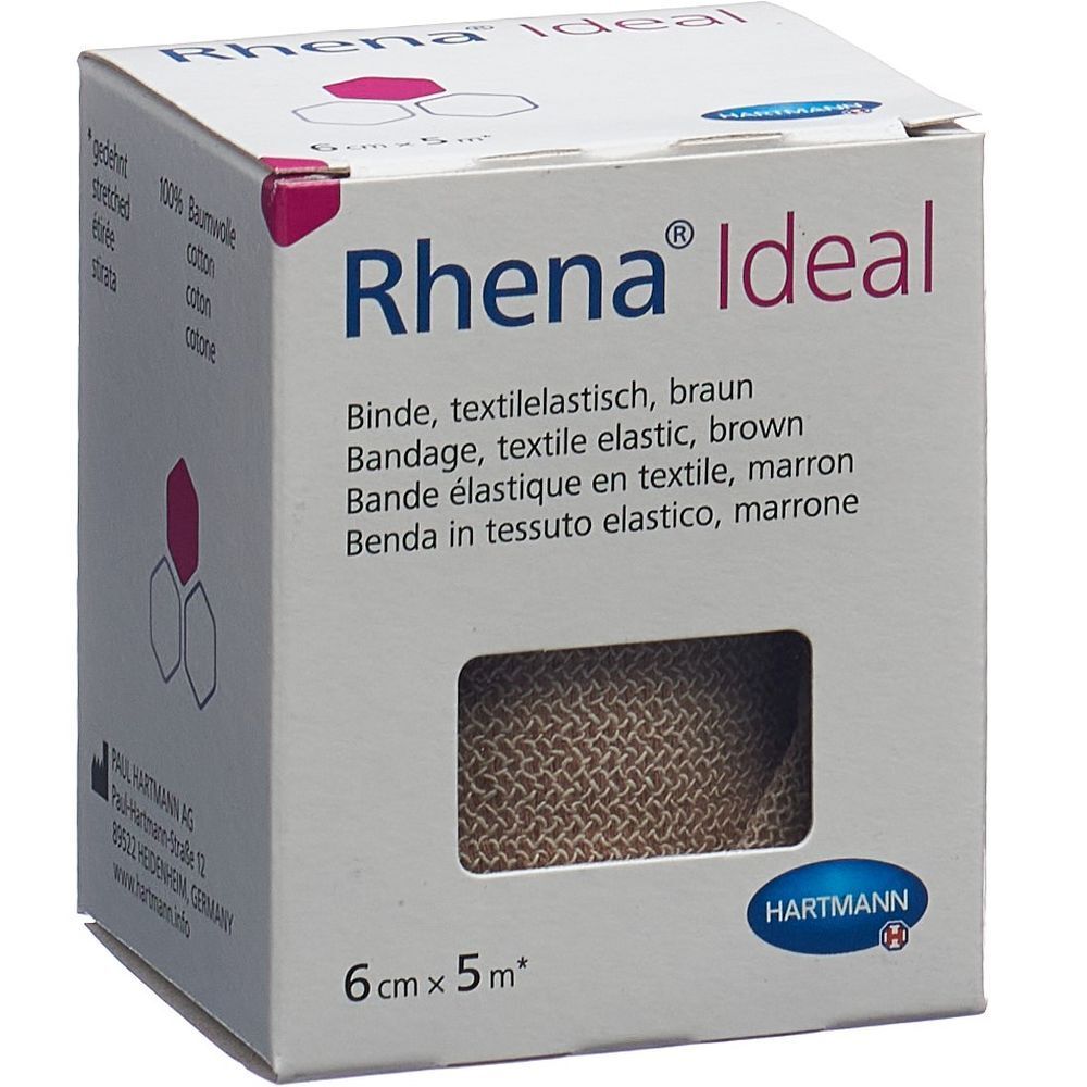 Emballage de Rhena® Ideal. Bandage textile élastique, marron. Dimensions : 6 cm x 5 m. Marque HARTMANN.