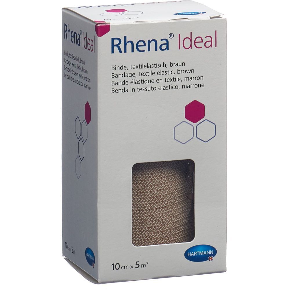 Emballage de Rhena® Ideal. Bande textile élastique, marron. Dimensions : 10 cm x 5 m. Fenêtre visible. Marque HARTMANN.