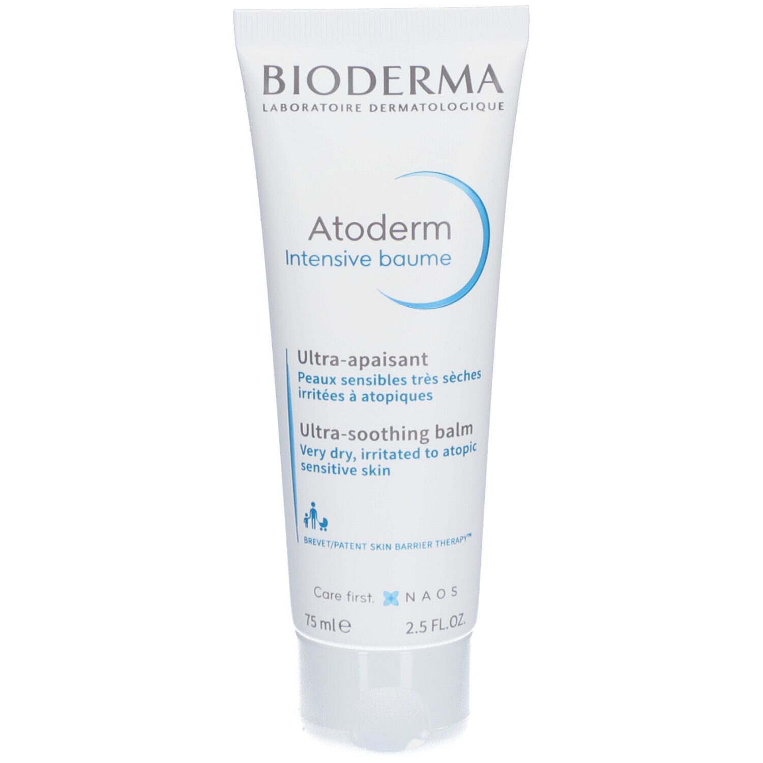 Weiße Tube mit blauer Schrift. BIODERMA, Atoderm Intensive Baume. Text: Ultra-apaisant, Ultra-soothing balm. 75 ml.