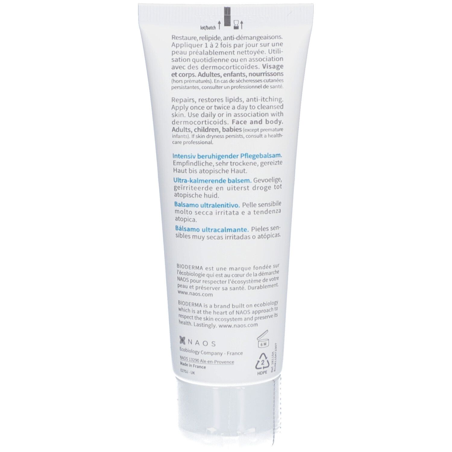 Rückseite der Tube. Text in mehreren Sprachen. BIODERMA-Logo. Informationen zur Anwendung und Inhaltsstoffen.