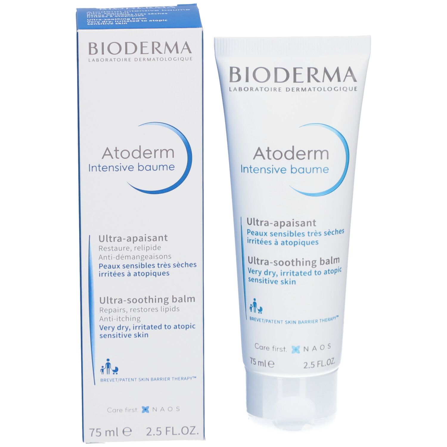 Produktverpackung. Tube und Karton. BIODERMA, Atoderm Intensive Baume. Text: Ultra-apaisant, Ultra-soothing balm. 75 ml.