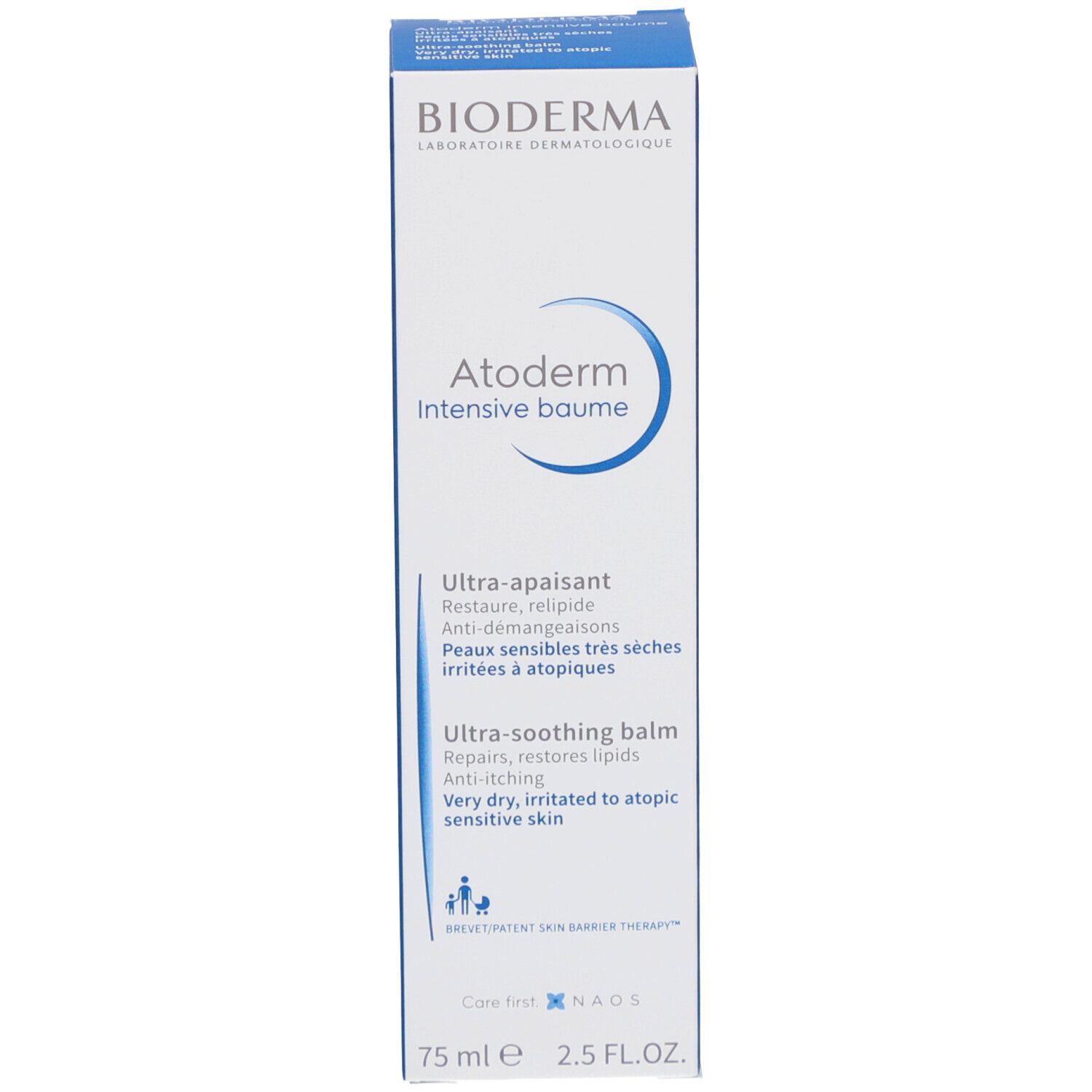 Kartonverpackung. BIODERMA, Atoderm Intensive Baume. Text: Ultra-apaisant, Ultra-soothing balm. 75 ml.