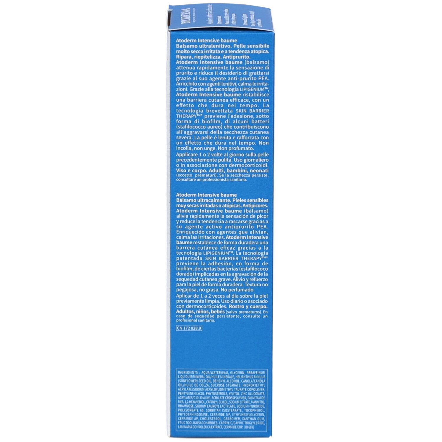 Seitenansicht der Kartonverpackung. Text in mehreren Sprachen. Produktinformationen und Anwendungshinweise.