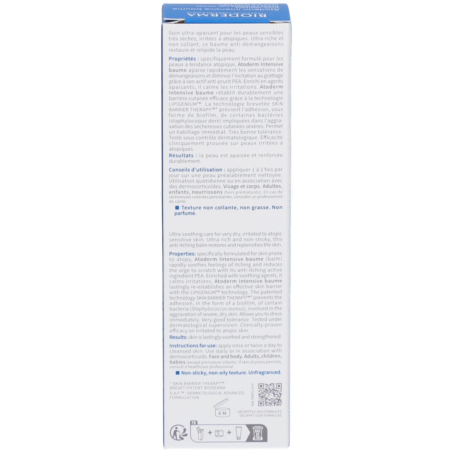 Rückseite der Kartonverpackung. Text in mehreren Sprachen. Produktmerkmale und Anwendungshinweise.