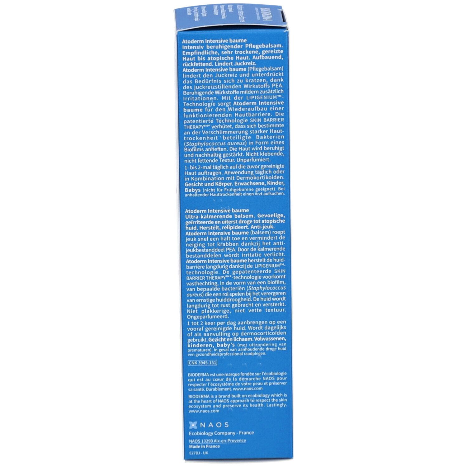 Seitenansicht der Kartonverpackung. Text in mehreren Sprachen. Produktinformationen und Herstellerangaben.