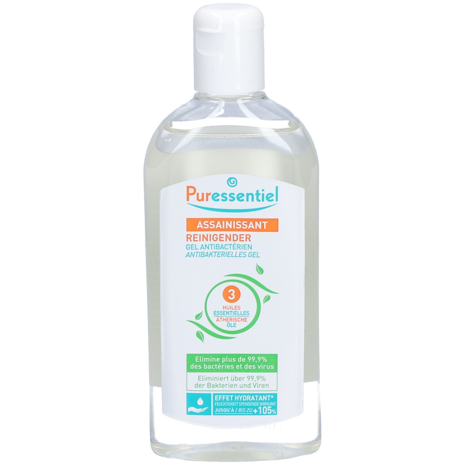 Flacon transparent avec bouchon blanc. Étiquette avec nom du produit et feuilles vertes. Texte: GEL ANTIBACTÉRIEN.