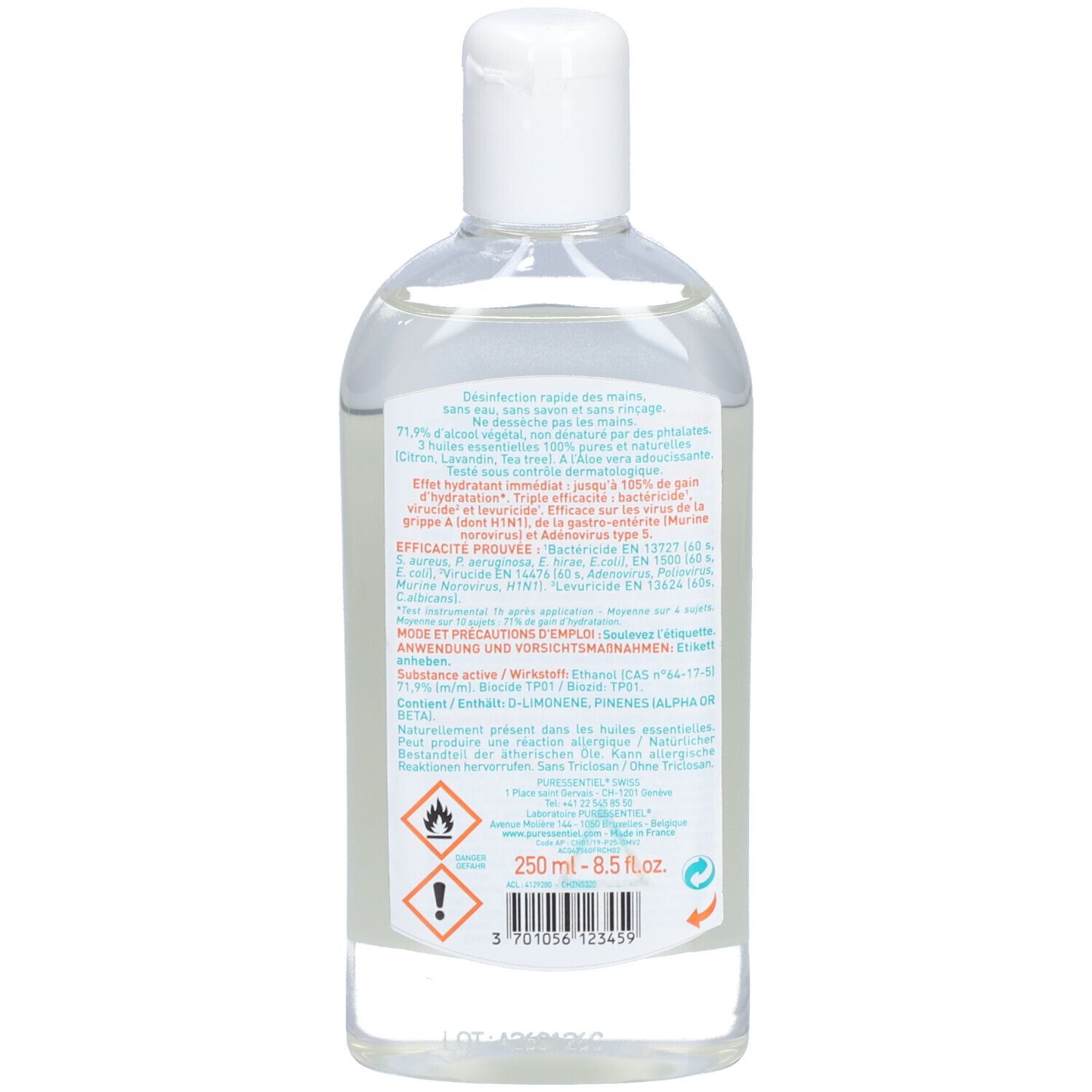 Dos du flacon. Étiquette avec texte et symboles d'avertissement. Volume: 250 ml. Code-barres.