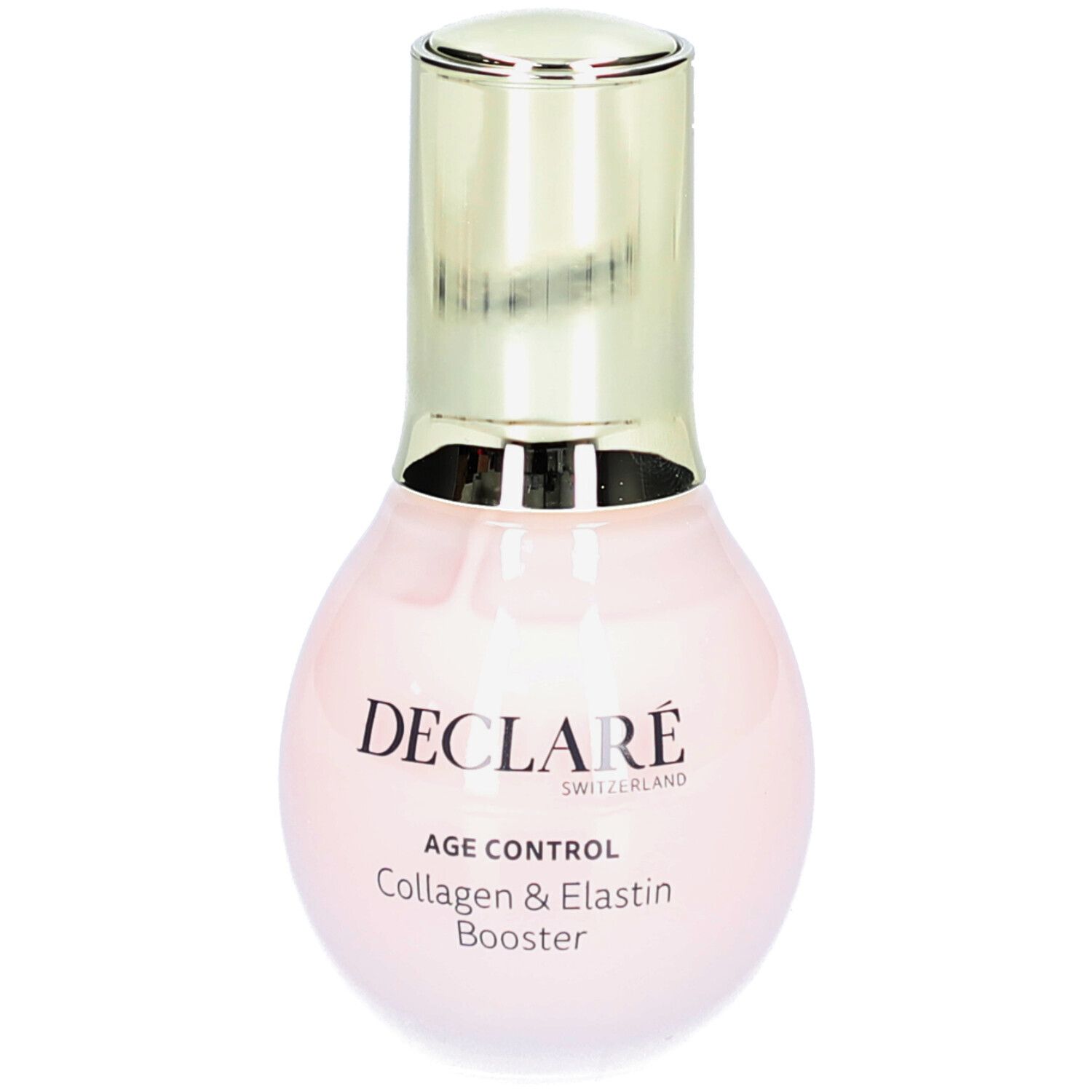 Rosa Flasche mit goldenem Deckel. DECLARÉ, AGE CONTROL, Collagen & Elastin Booster. Schweizer Produkt.