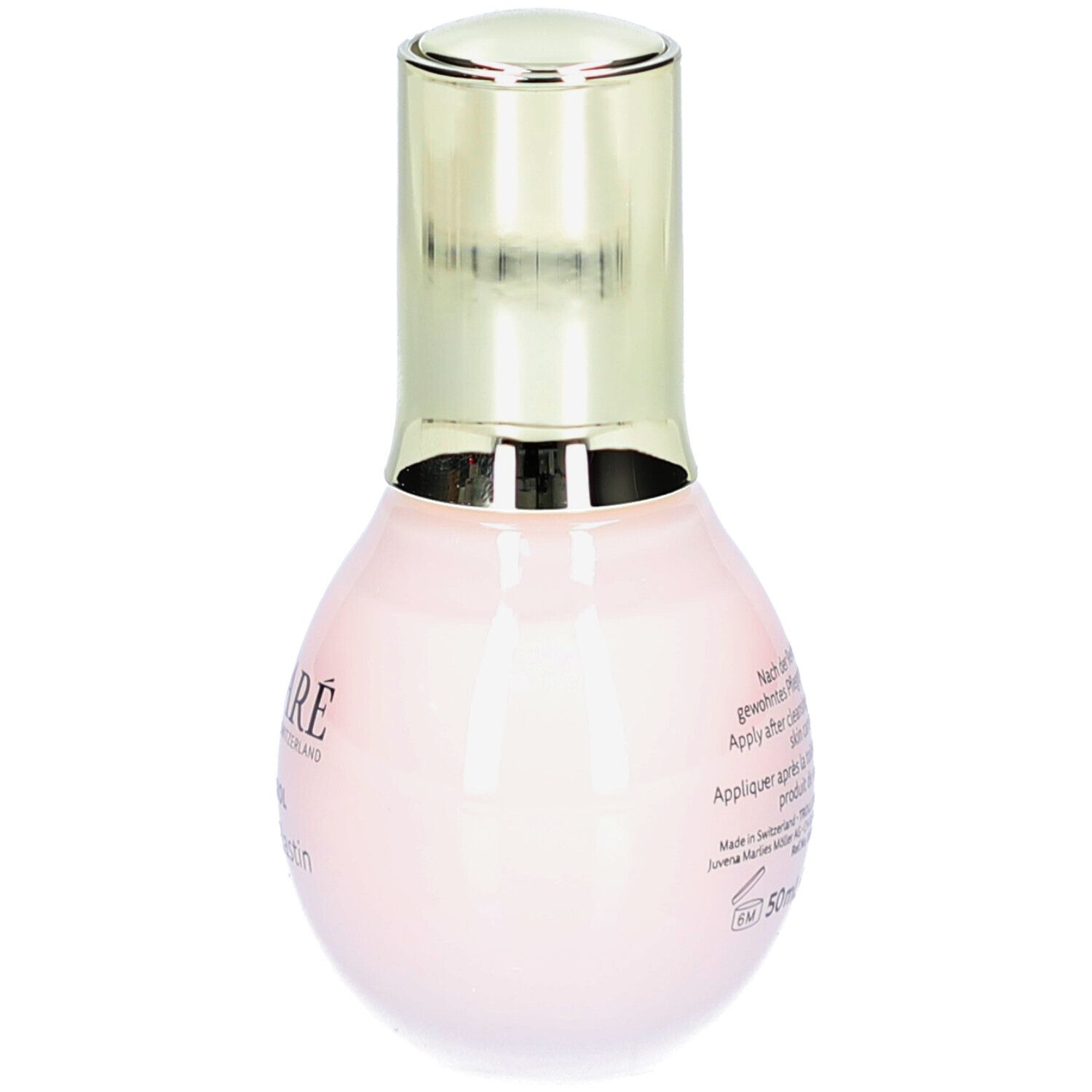 Rückansicht einer rosa Flasche mit goldenem Deckel. Text auf der Flasche. DECLARÉ, Collagen & Elastin Booster.