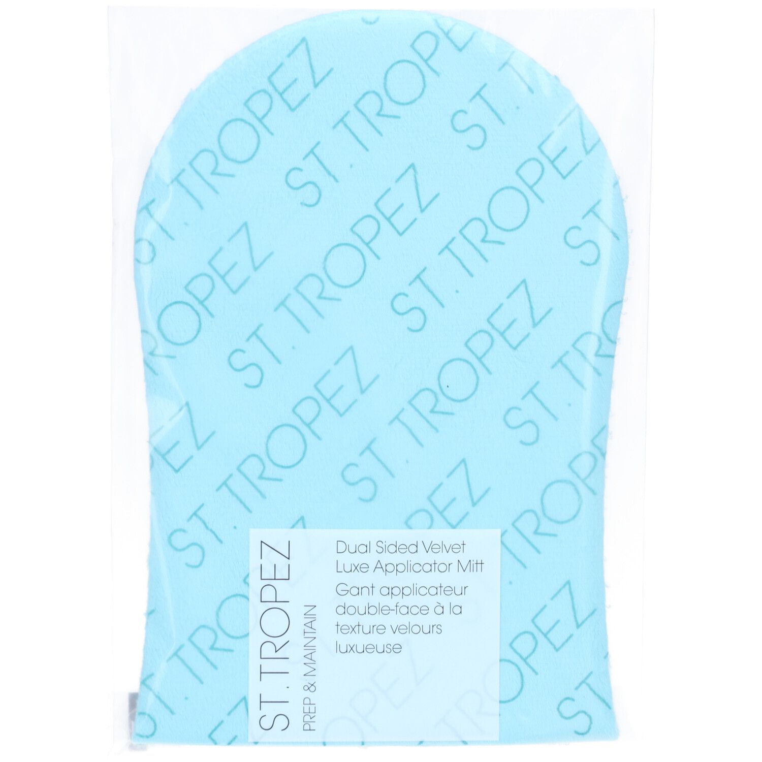 Blauer, doppelseitiger Applikatorhandschuh in Folienverpackung. Text: ST. TROPEZ, Dual Sided Velvet Luxe Applicator Mitt.