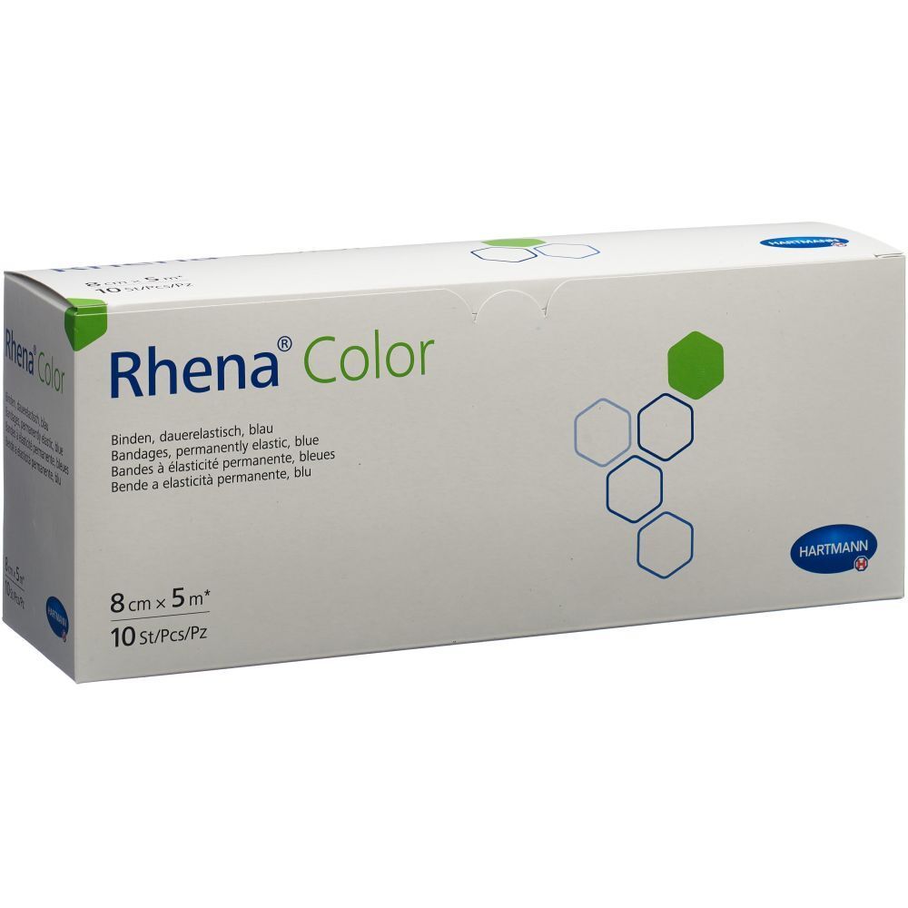 Verpackung von Rhena Color Binden. 8 cm x 5 m, blau. 10 Stück. Marke Hartmann. Aufschrift: Binden, dauerelastisch, blau.