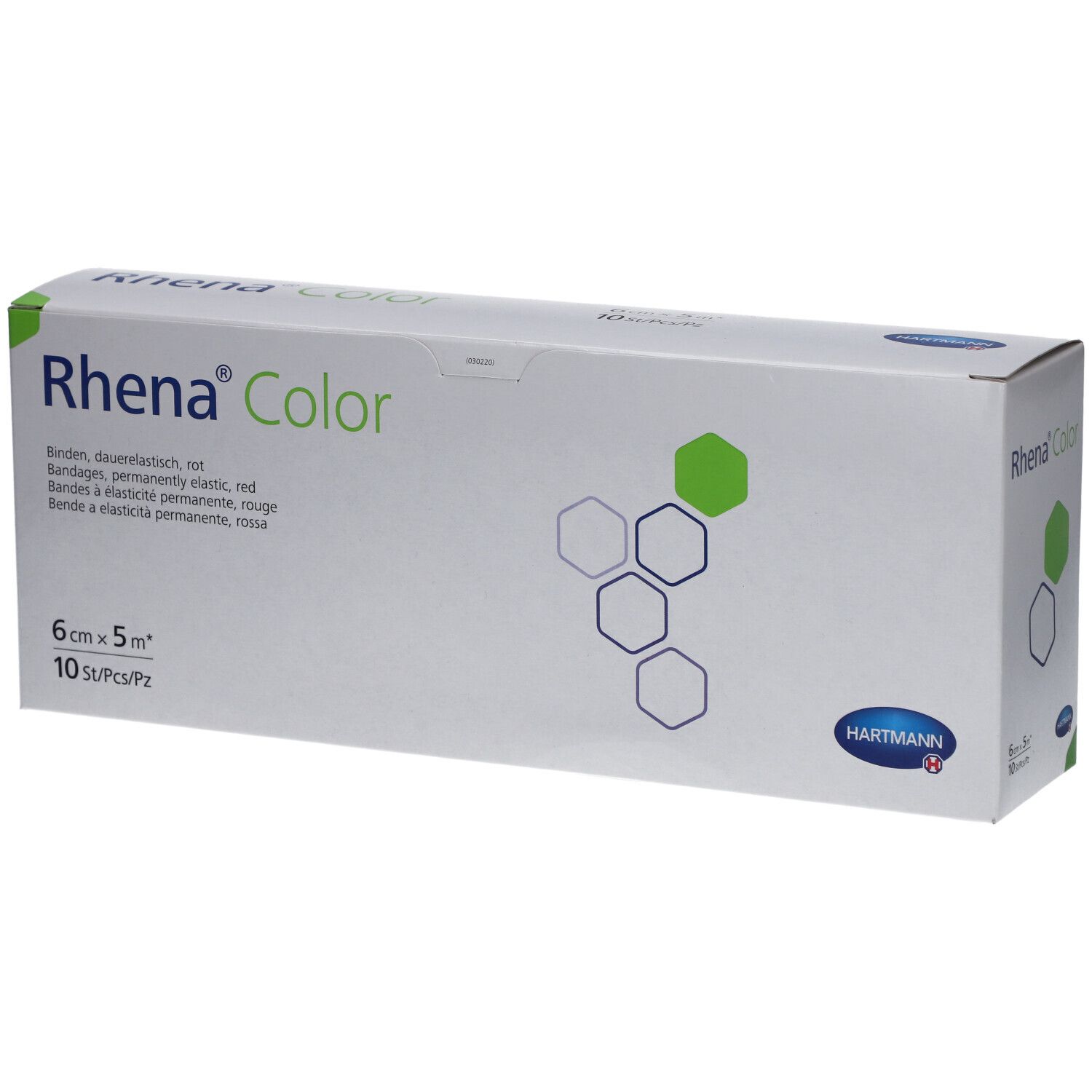 Verpackung von Rhena Color Bandagen, rot. 6 cm x 5 m. 10 Stück. Marke HARTMANN. Weiß mit grünen und blauen Elementen.