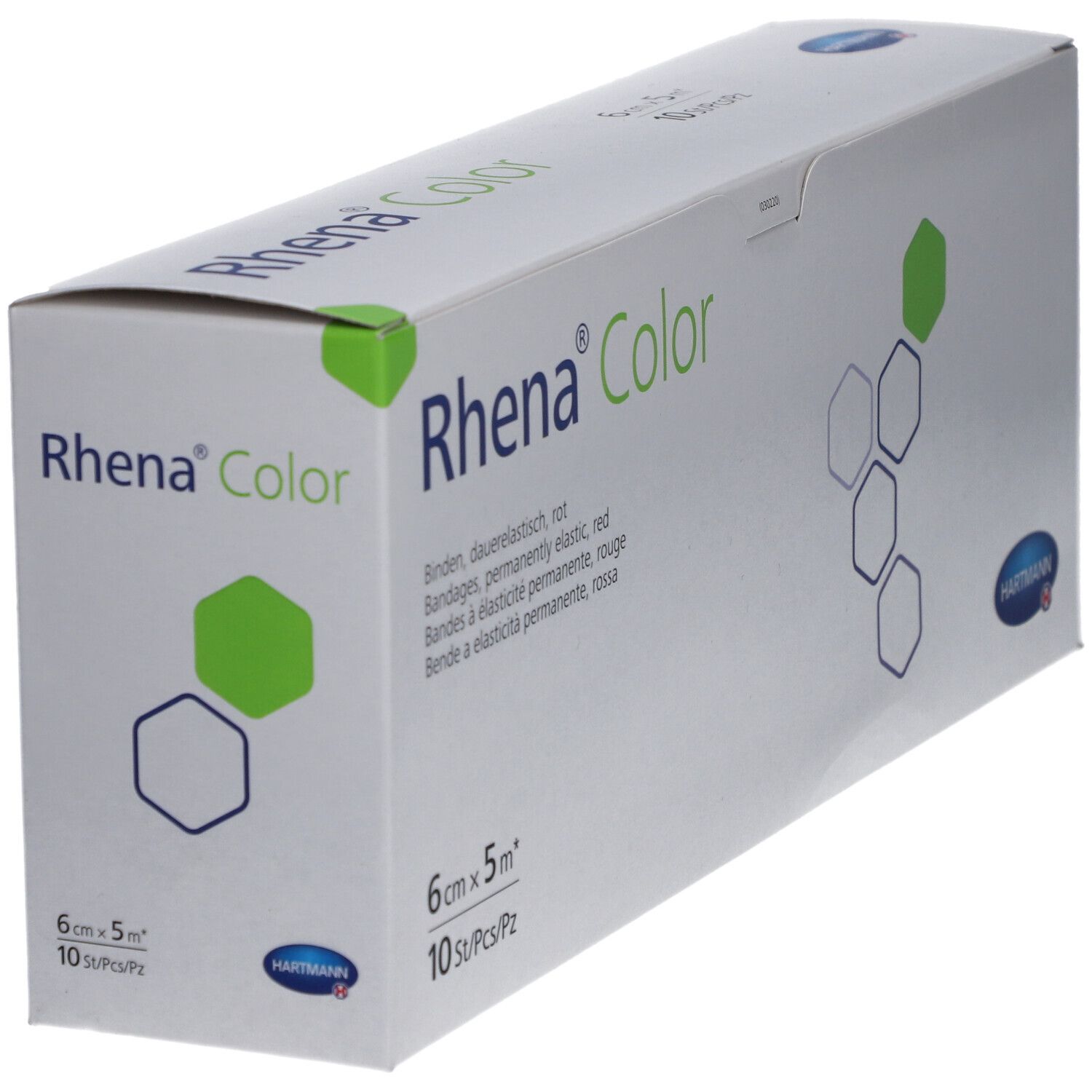 Rhena Color Bandagen-Verpackung, rot. 6 cm x 5 m. 10 Stück. HARTMANN-Logo. Weiß mit grünen und blauen geometrischen Formen.