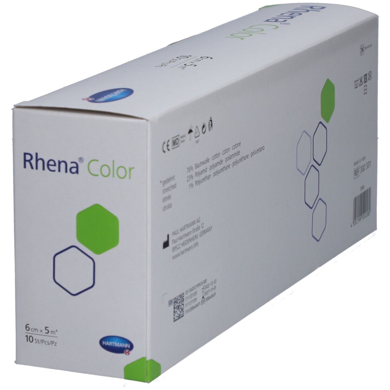Rhena Color Bandagen-Verpackung, rot. 6 cm x 5 m. 10 Stück. HARTMANN-Logo. Weiß mit grünen und blauen Elementen. Winkelansicht.