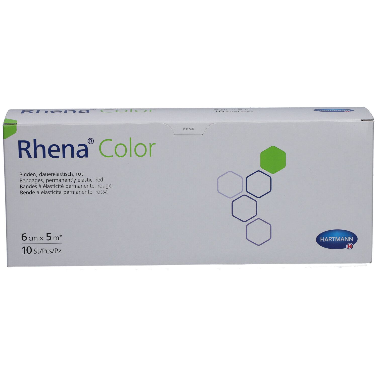 Rhena Color Bandagen-Verpackung, rot. 6 cm x 5 m. 10 Stück. HARTMANN-Logo. Weiß mit grünen und blauen geometrischen Formen.