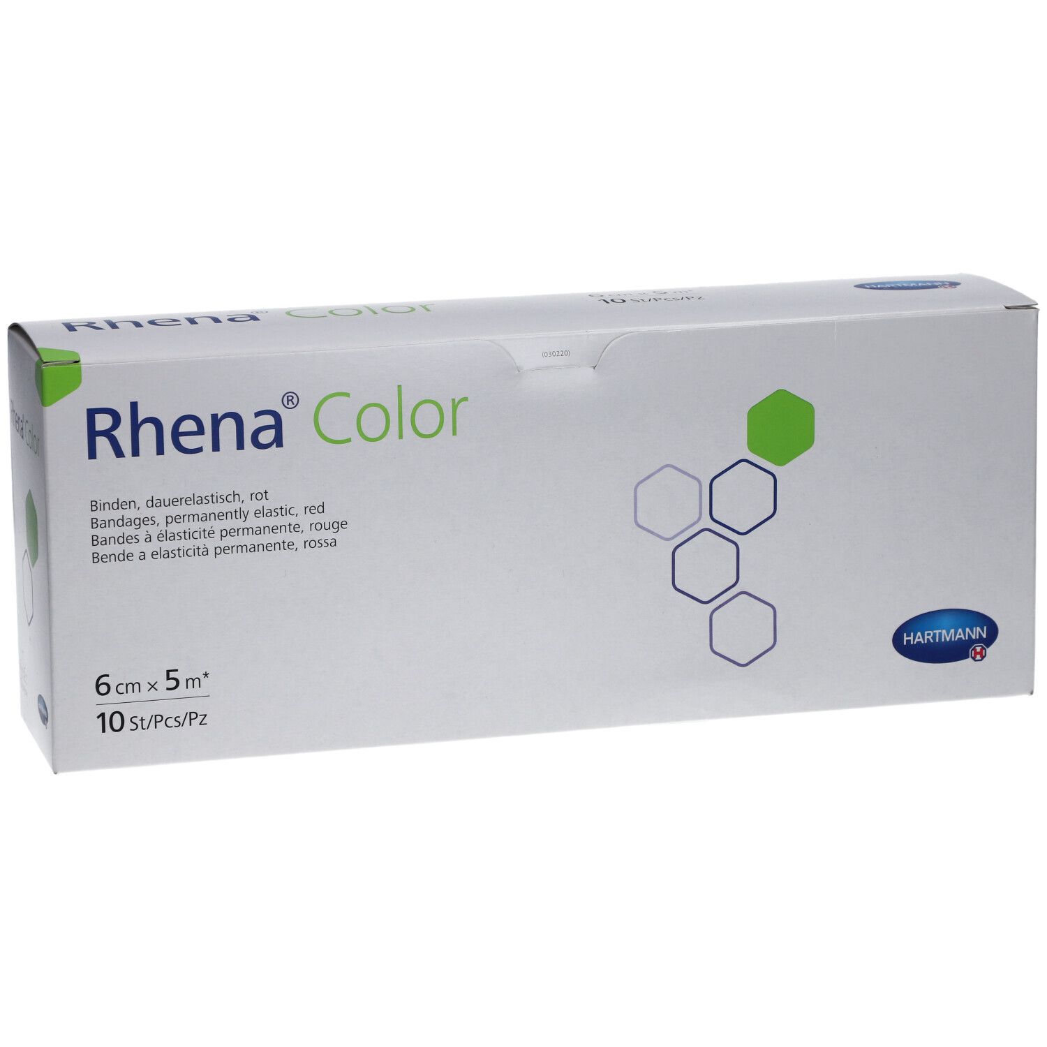 Rhena Color Bandagen-Verpackung, rot. 6 cm x 5 m. 10 Stück. HARTMANN-Logo. Weiß mit grünen und blauen geometrischen Formen.