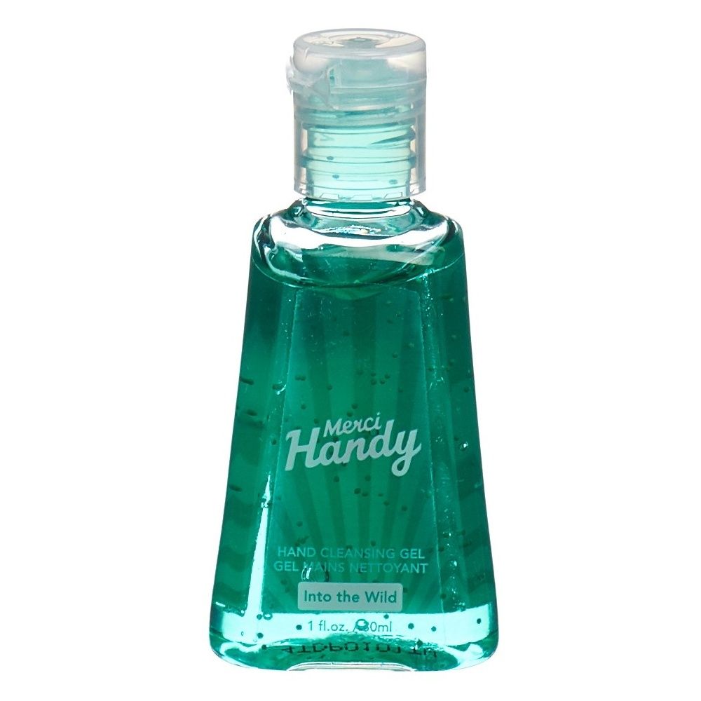 Gel vert dans un flacon transparent avec bouchon rabattable. Inscription : Merci Handy, Hand Cleansing Gel, Into the Wild.