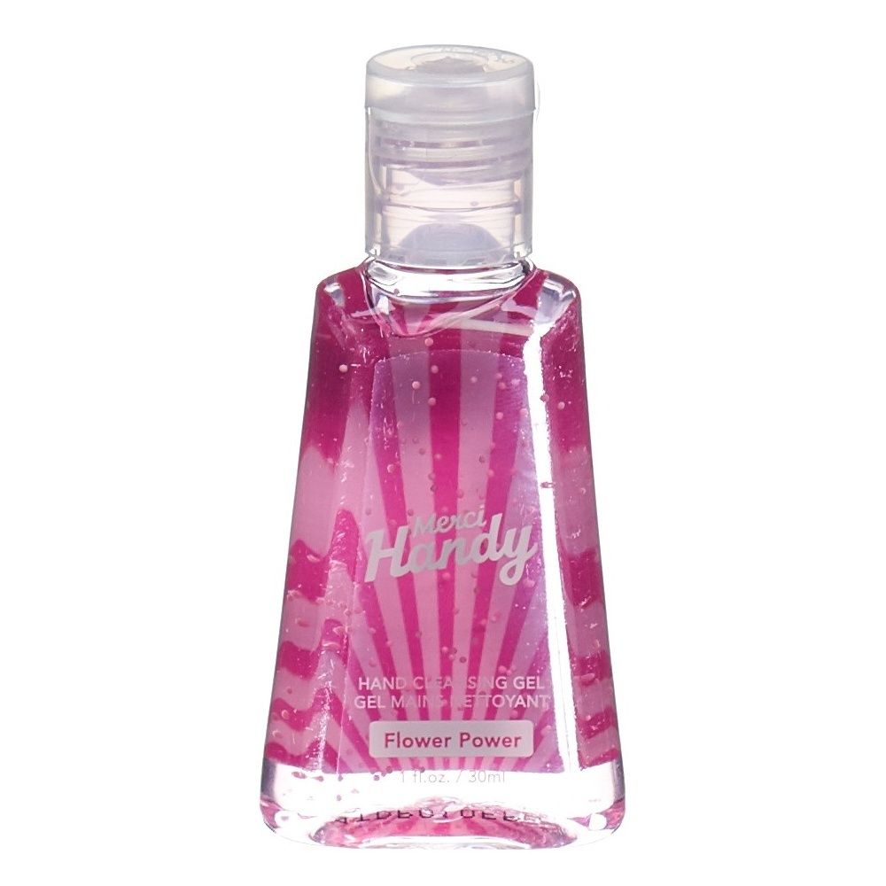 Flacon transparent contenant un gel rose. Inscription "Merci Handy Flower Power". Bouchon transparent.