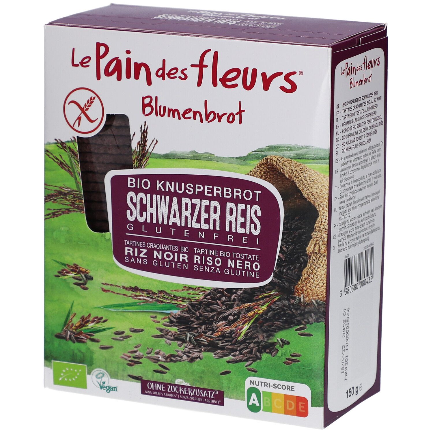 Verpackung von Blumenbrot. Aufschrift: BIO Knusperbrot Schwarzer Reis Glutenfrei. Vegan, ohne Zuckerzusatz. Nutri-Score A-B.