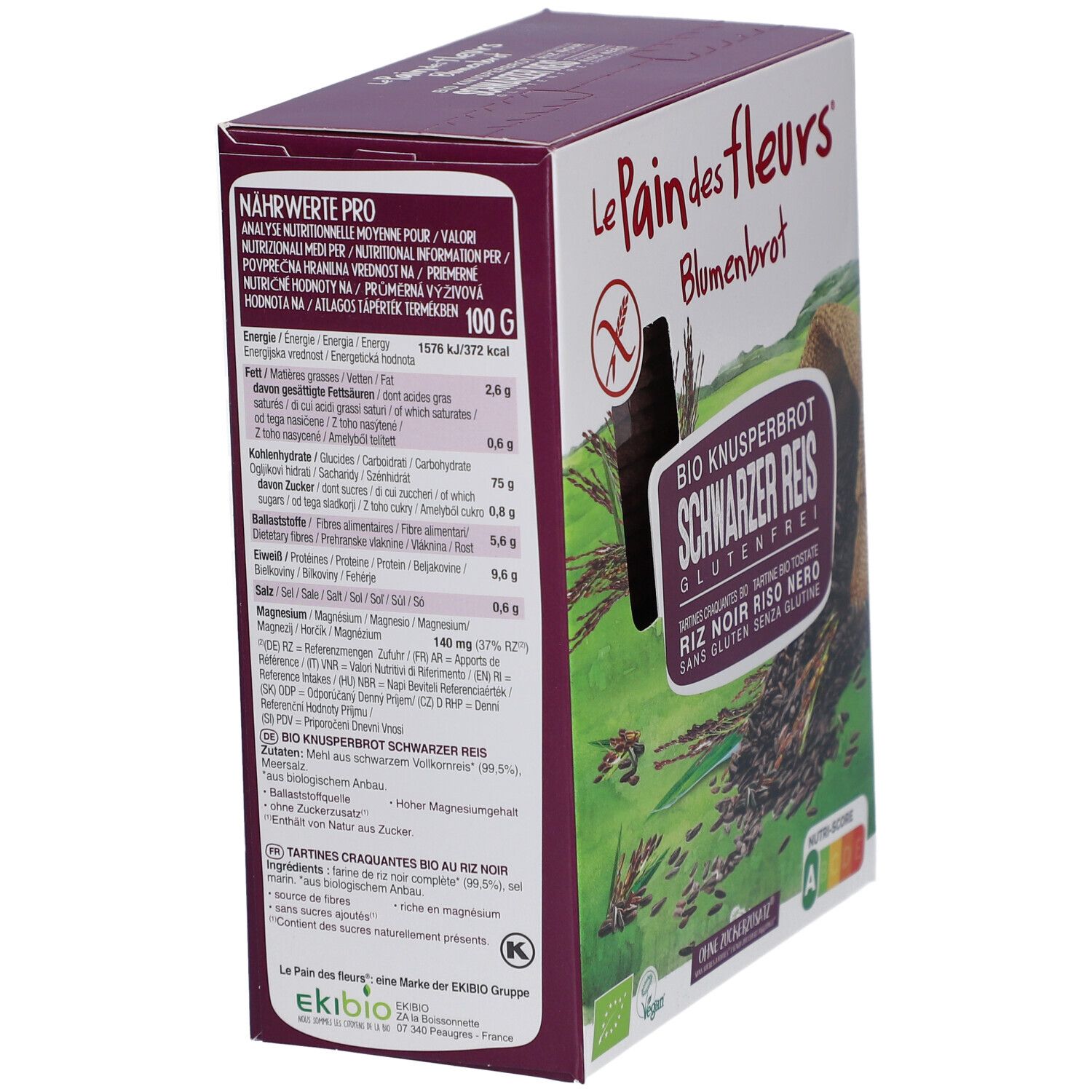 Verpackung von Blumenbrot. Nährwertangaben pro 100g. Enthält Informationen zu Energie, Fett, Kohlenhydraten, Zucker, Eiweiß und Salz.
