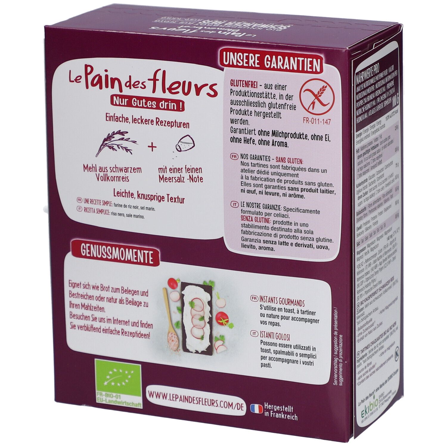 Rückseite der Blumenbrot-Verpackung. Text: Glutenfrei, ohne Milchprodukte, ohne Aroma. Vegan. Informationen zu Rezepten und Genussmomenten.