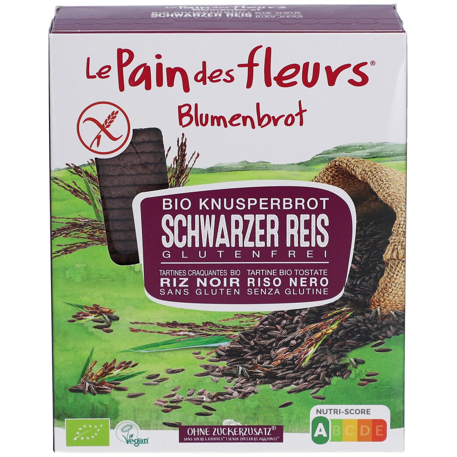 Verpackung von Blumenbrot. Aufschrift: BIO Knusperbrot Schwarzer Reis Glutenfrei. Vegan, ohne Zuckerzusatz. Nutri-Score A-B. Produktansicht.