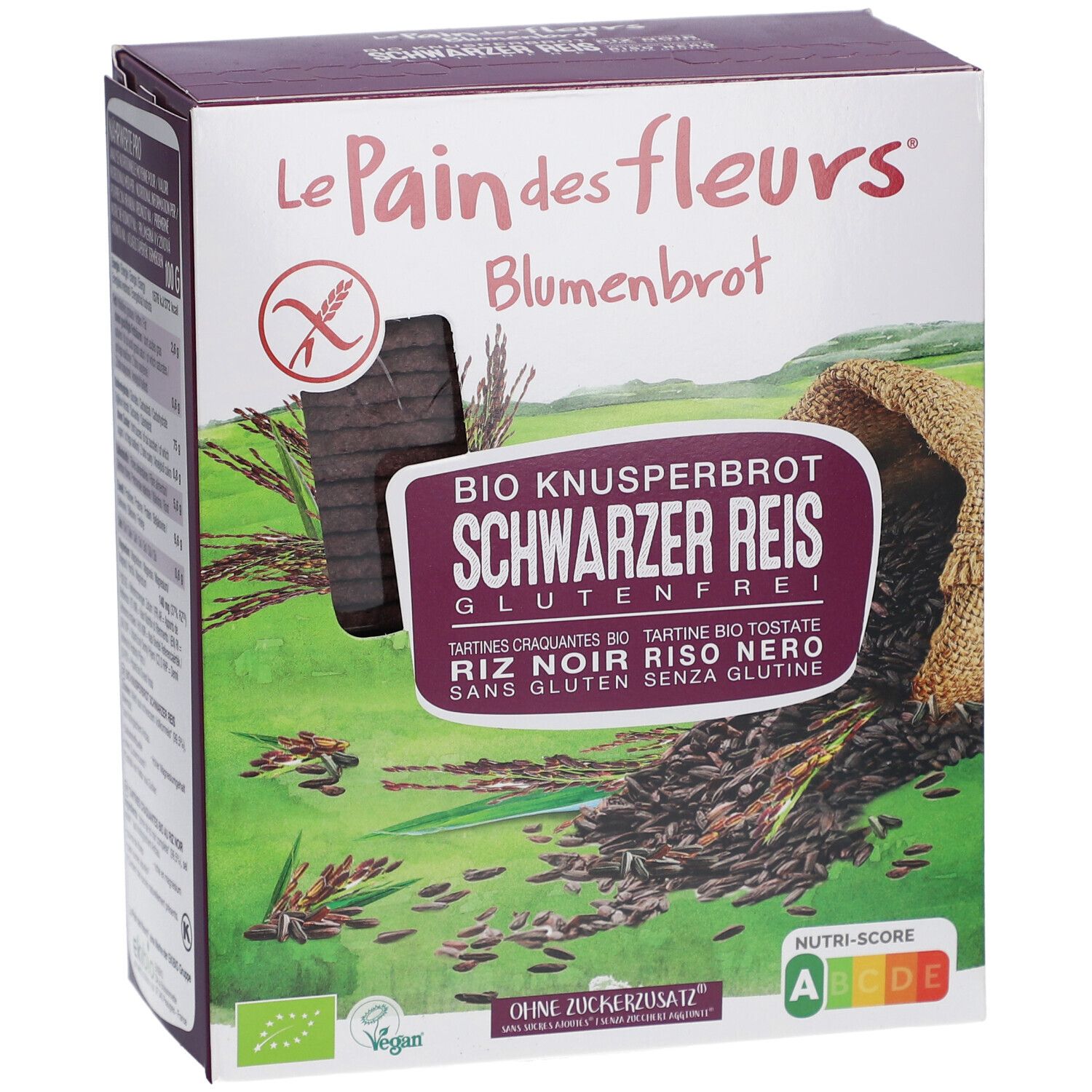 Verpackung von Blumenbrot. Aufschrift: BIO Knusperbrot Schwarzer Reis Glutenfrei. Vegan, ohne Zuckerzusatz. Nutri-Score A-B. Produktansicht.