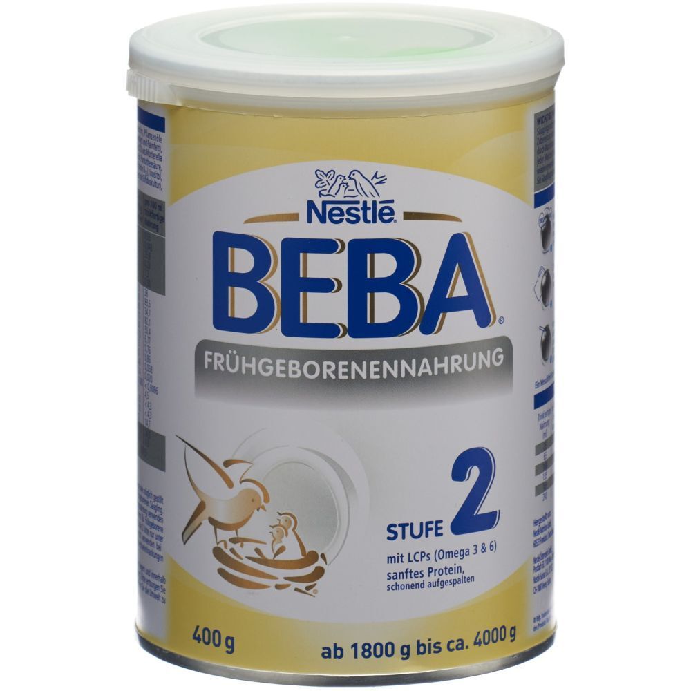 Nestlé BEBA Frühgeborenennahrung 2 Dose. Gelb-weiß, mit Produktinformationen und Logo. Enthält LCPs, Omega 3 & 6.