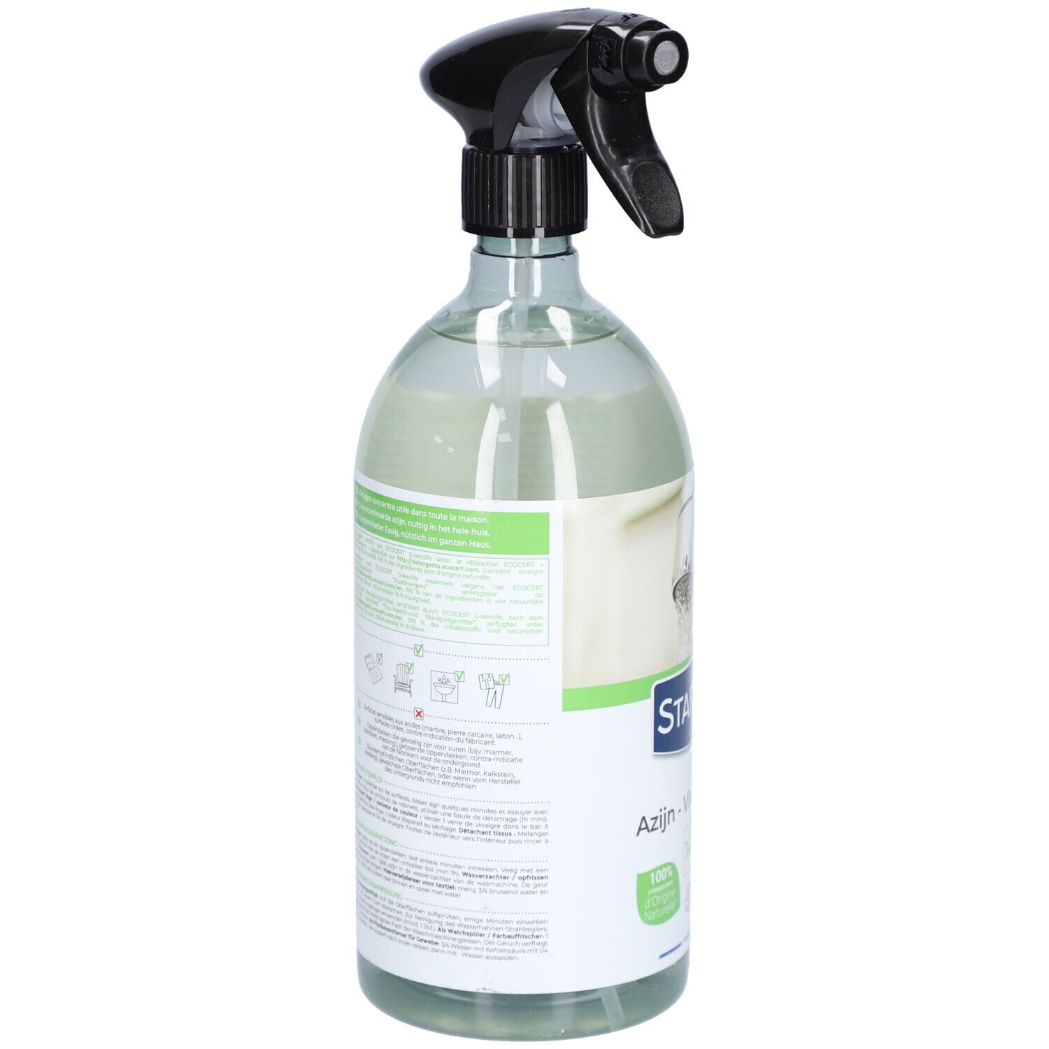 Rückseite der STARWAX Weißer Essig 14° Sprühflasche mit detaillierten Informationen und Anwendungshinweisen.