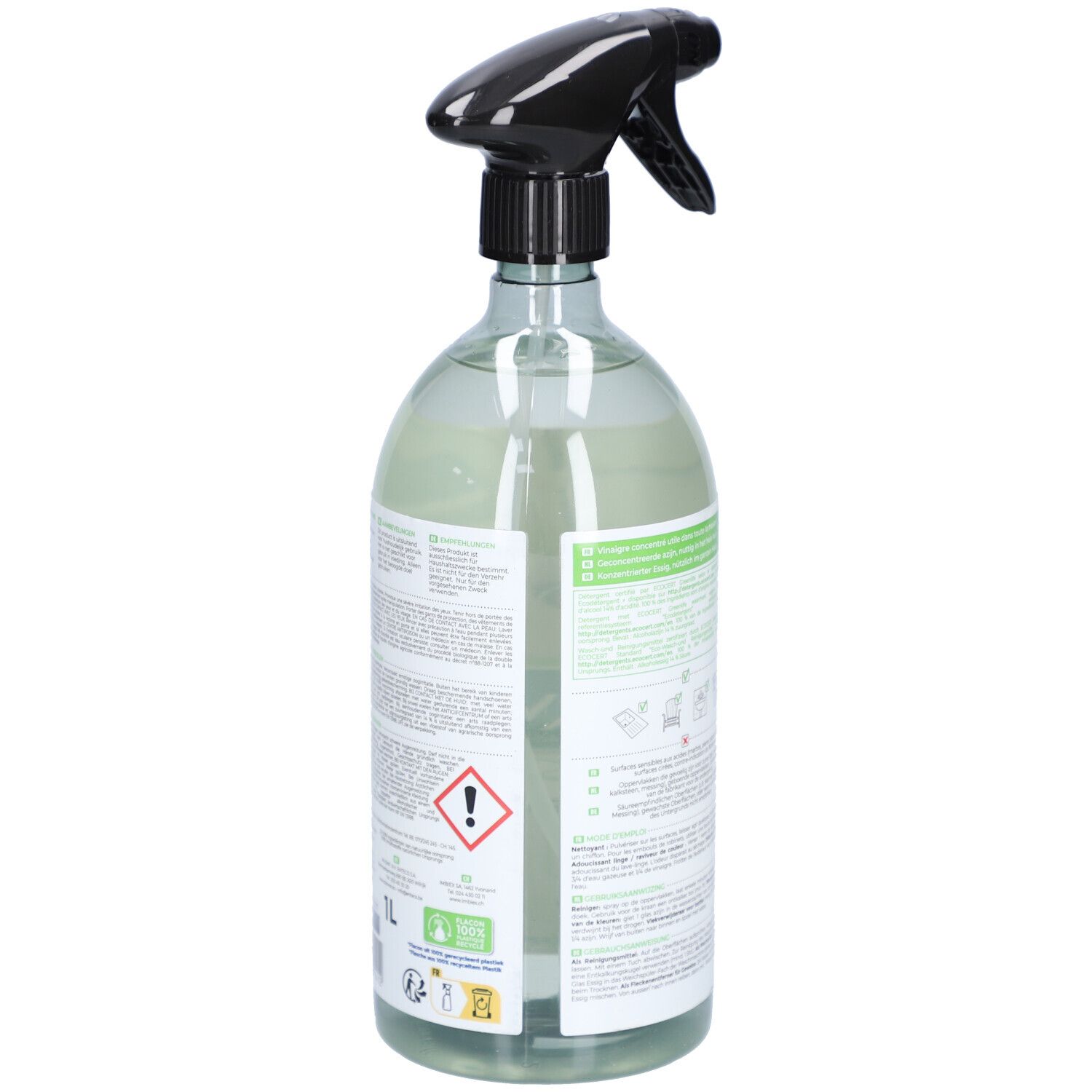 Seitenansicht der STARWAX Weißer Essig 14° Sprühflasche. Enthält Gefahrensymbole und die Angabe 1L.