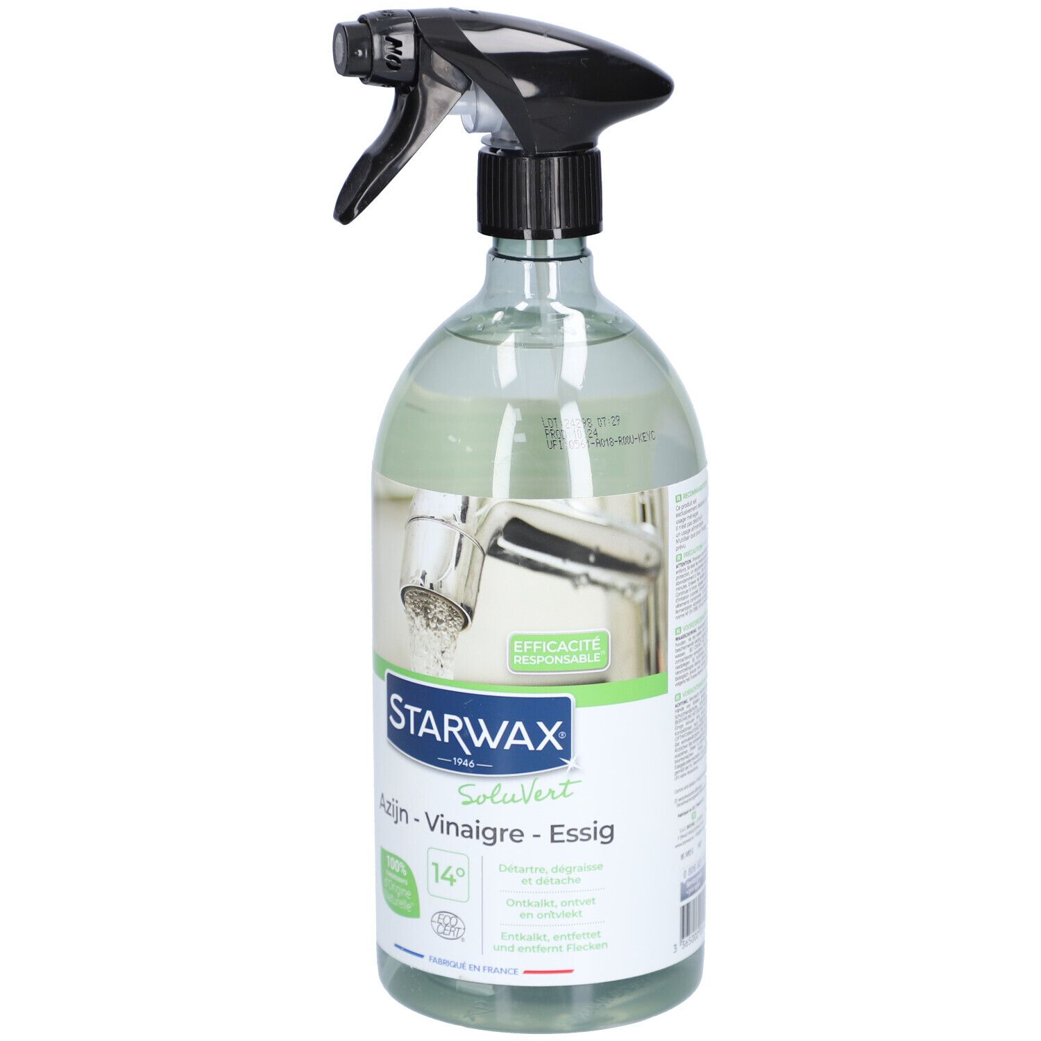 Rückseite der STARWAX Weißer Essig 14° Sprühflasche mit Barcode und Umweltzertifizierungen.