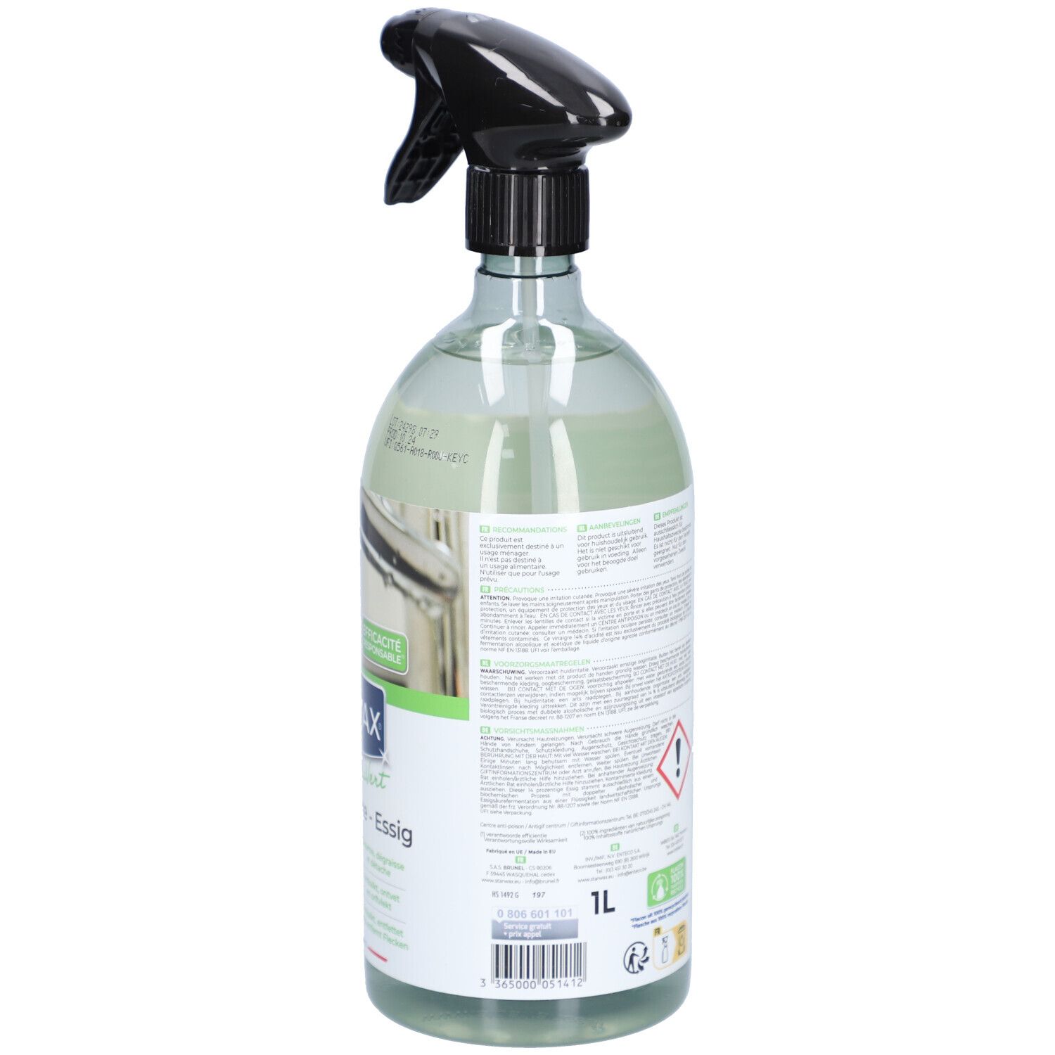Rückseite der STARWAX Weißer Essig 14° Sprühflasche mit Barcode und Umweltzertifizierungen.