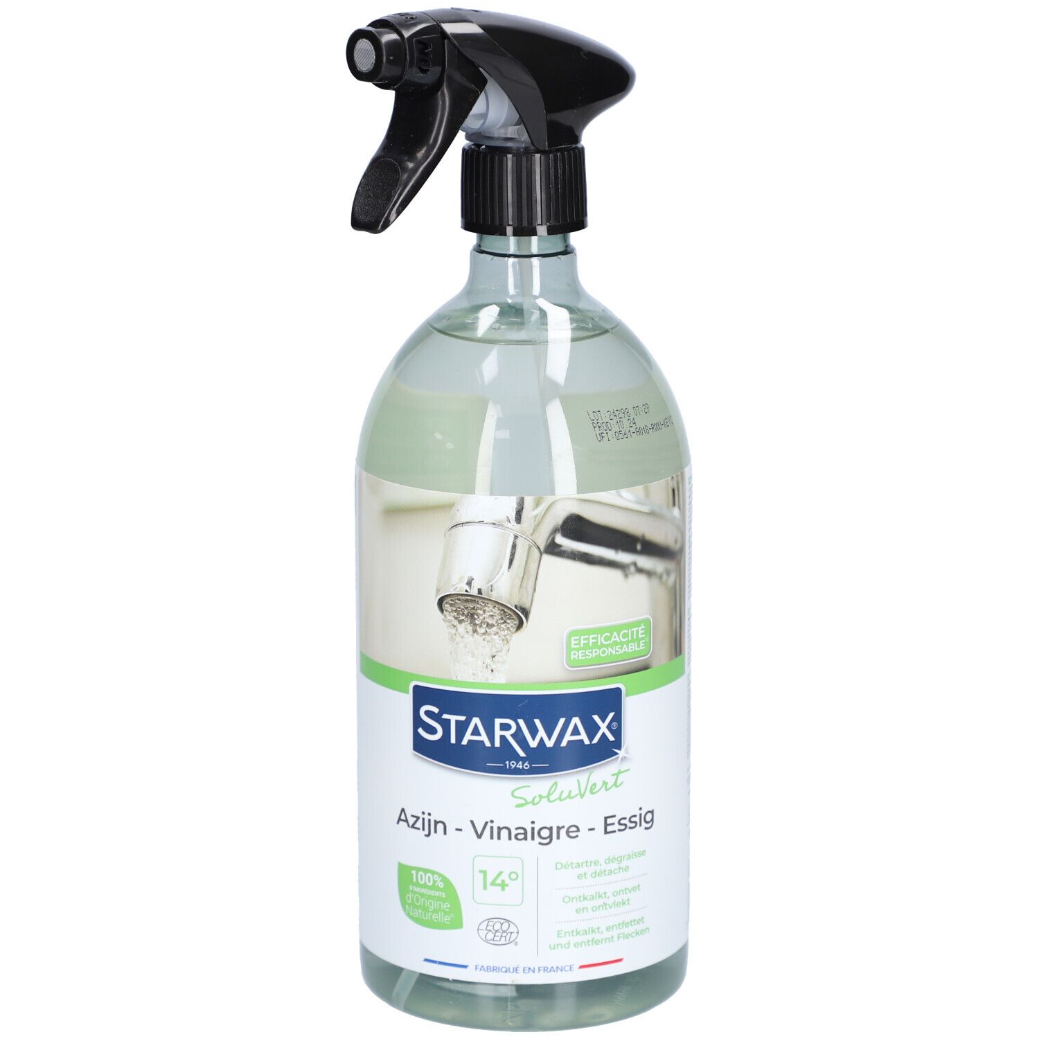 STARWAX Weißer Essig 14° Sprühflasche mit schwarzem Sprühkopf. Transparente Flasche mit grünem Etikett.
