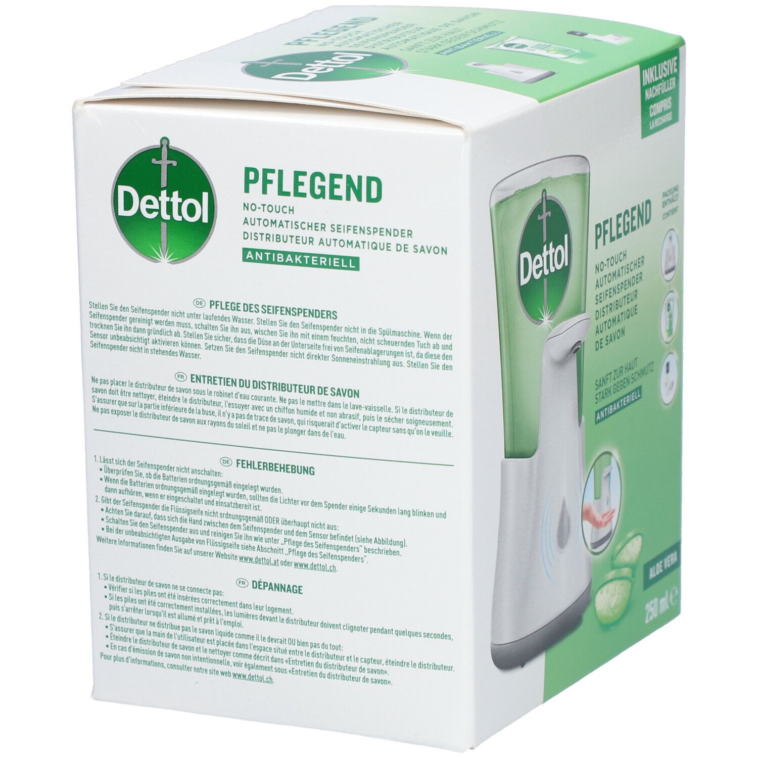Dos de l'emballage du DETTOL No-Touch Starter-Set. Texte en allemand, français, italien et néerlandais. Aloe Vera, 250 ml.