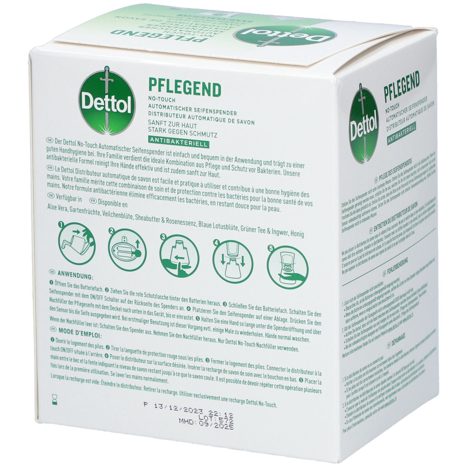 Emballage DETTOL No-Touch Starter-Set. Texte et illustrations. Aloe Vera, pensée, aubépine, beurre de karité & romarin, lotus bleu, thé vert & gingembre, miel.