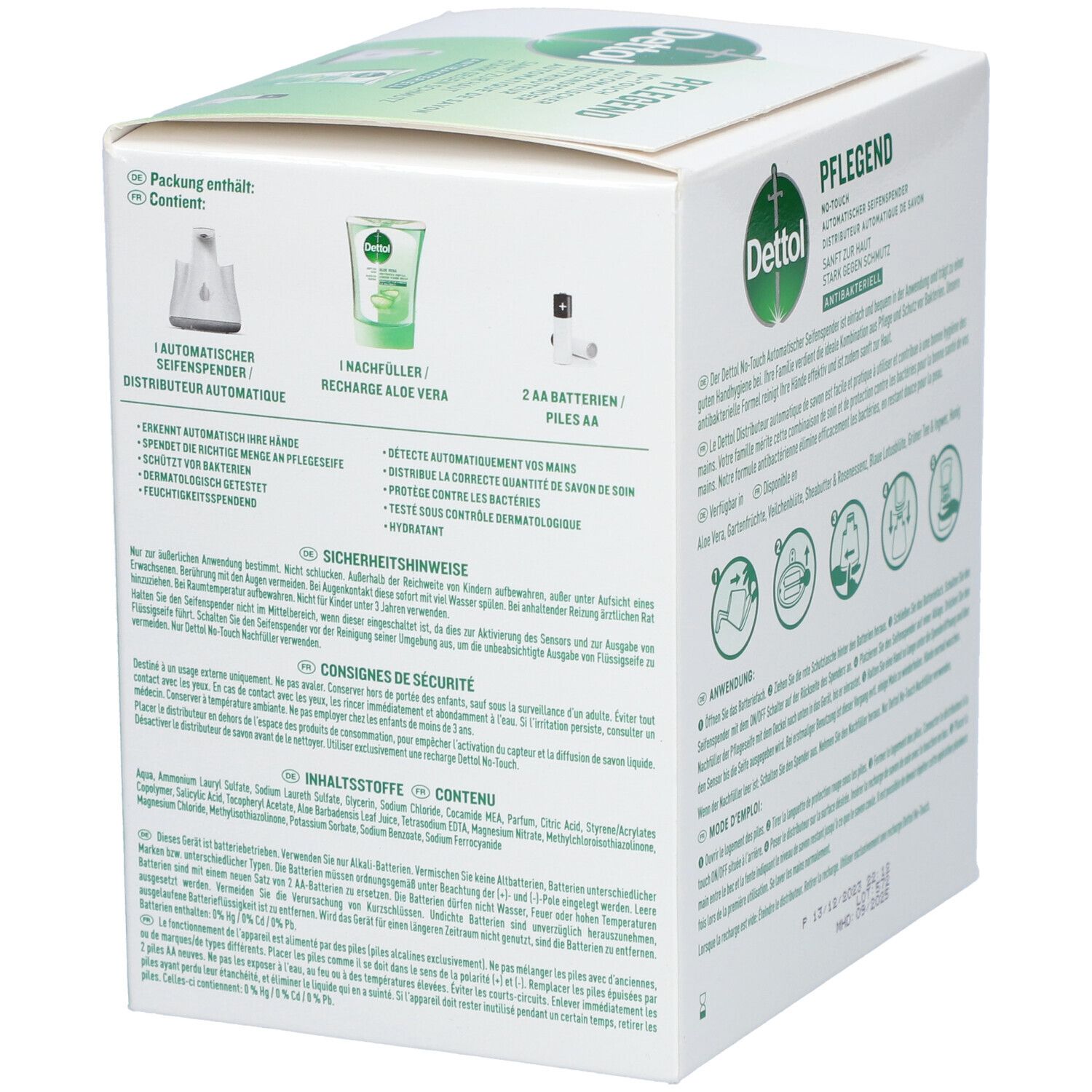 Emballage DETTOL No-Touch Starter-Set. Illustrations des composants inclus : distributeur, recharge, piles. Ingrédients.