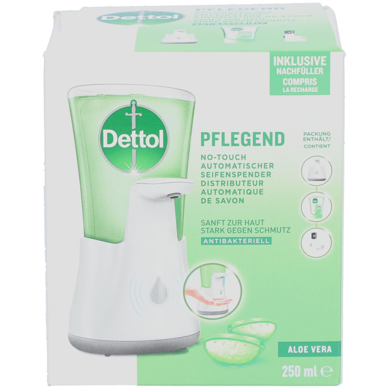 Vue de face de l'emballage du DETTOL No-Touch Starter-Set. Contient un distributeur de savon automatique et une recharge. Aloe Vera, 250 ml.