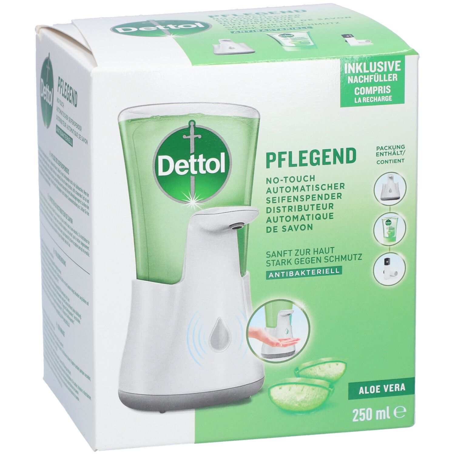 Vue de face de l'emballage du DETTOL No-Touch Starter-Set. Contient un distributeur de savon automatique et une recharge. Aloe Vera, 250 ml.