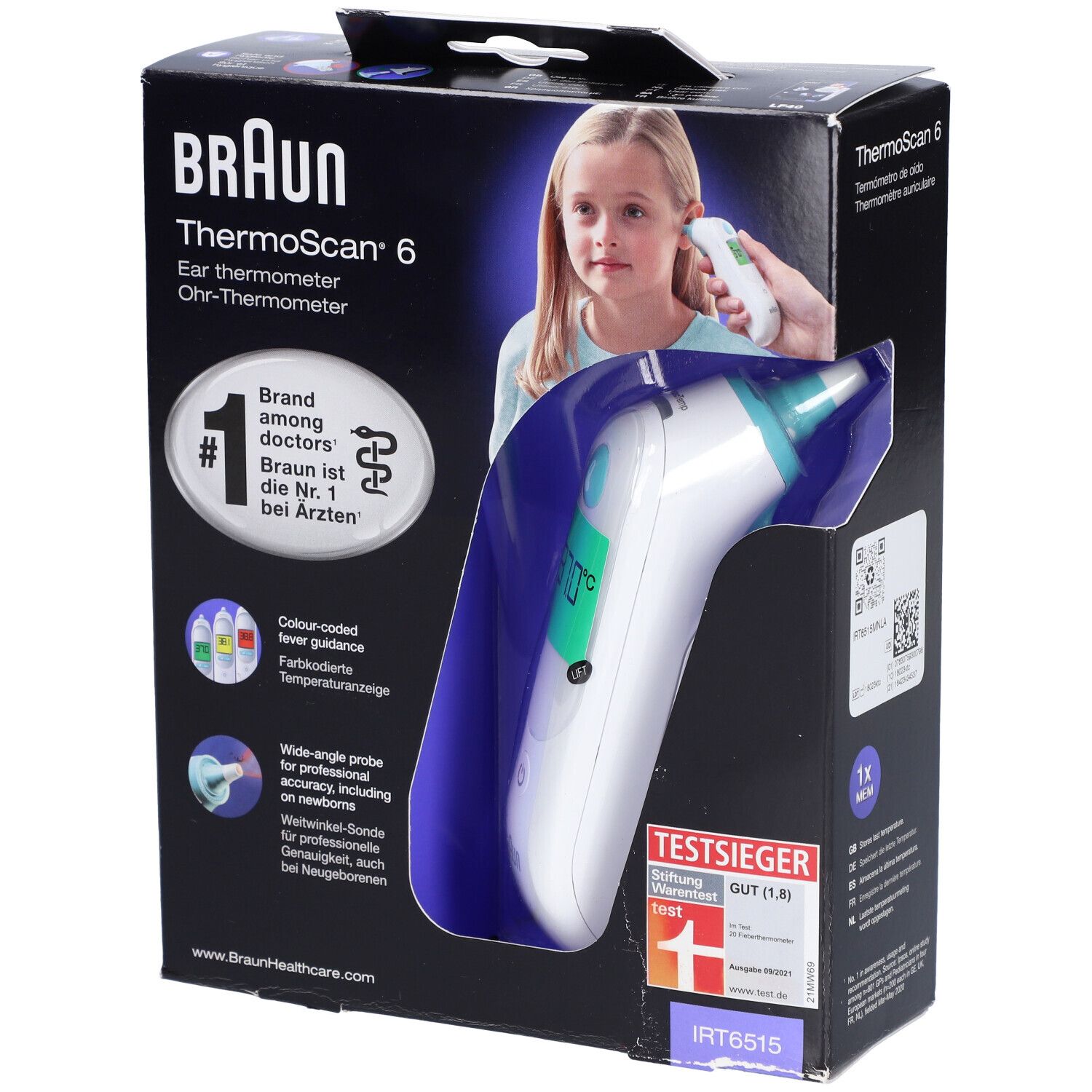 Emballage du thermomètre auriculaire Braun Thermoscan 6. L'appareil est visible dans l'emballage. Des informations sur le produit et des logos sont affichés.