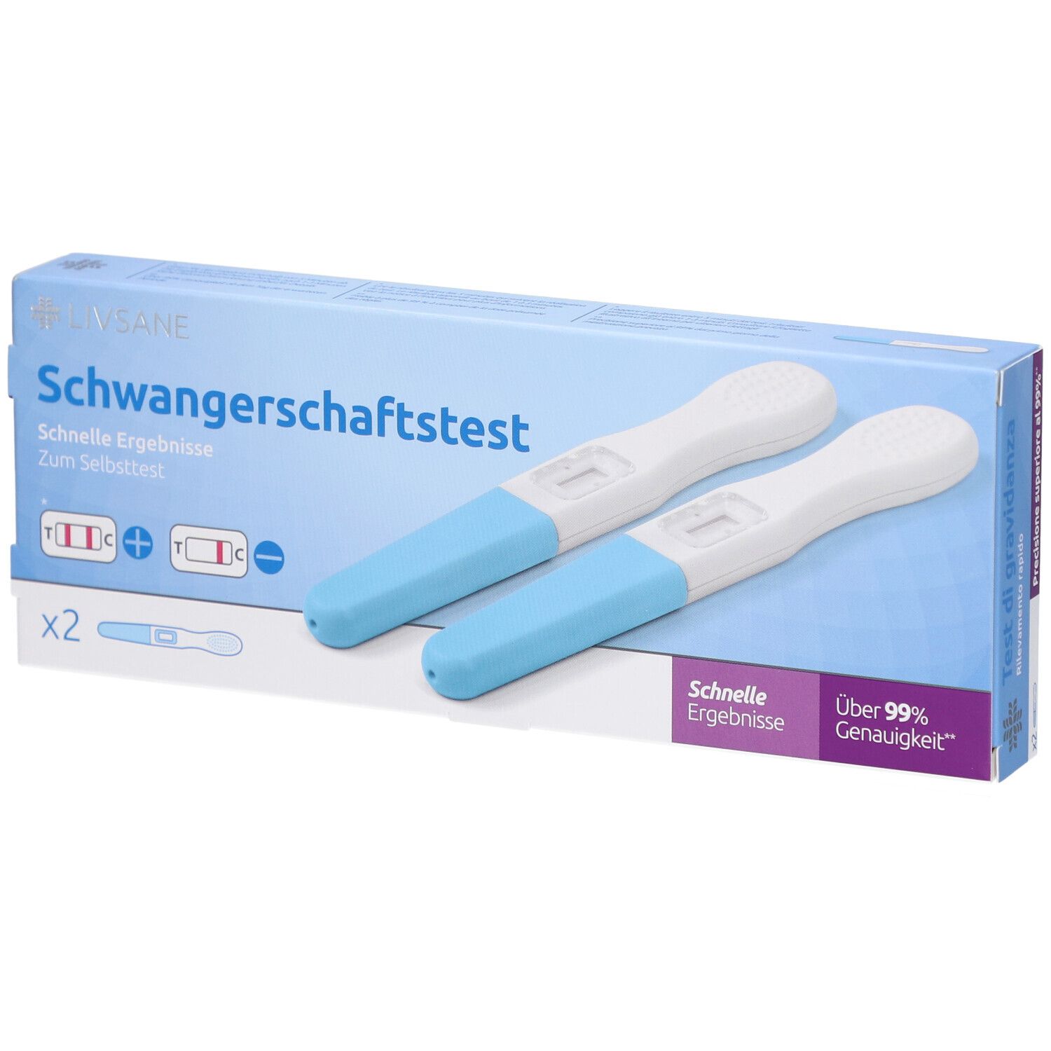 Packung mit zwei Schwangerschaftstests. Blaue und weiße Teststreifen liegen neben der Verpackung. Aufdruck: Schwangerschaftstest.