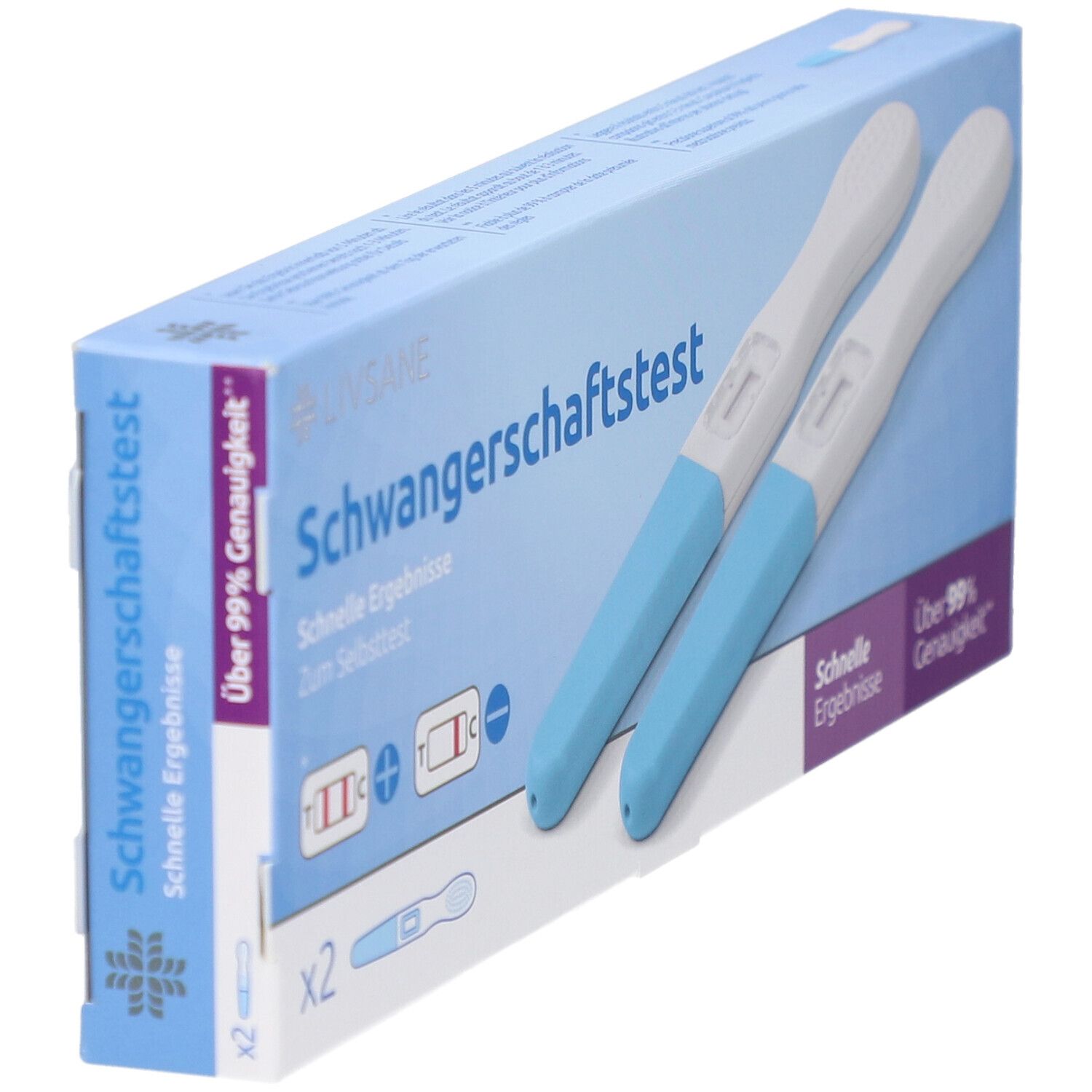 Packung mit zwei Schwangerschaftstests. Blaue und weiße Teststreifen liegen neben der Verpackung. Aufdruck: Schwangerschaftstest.