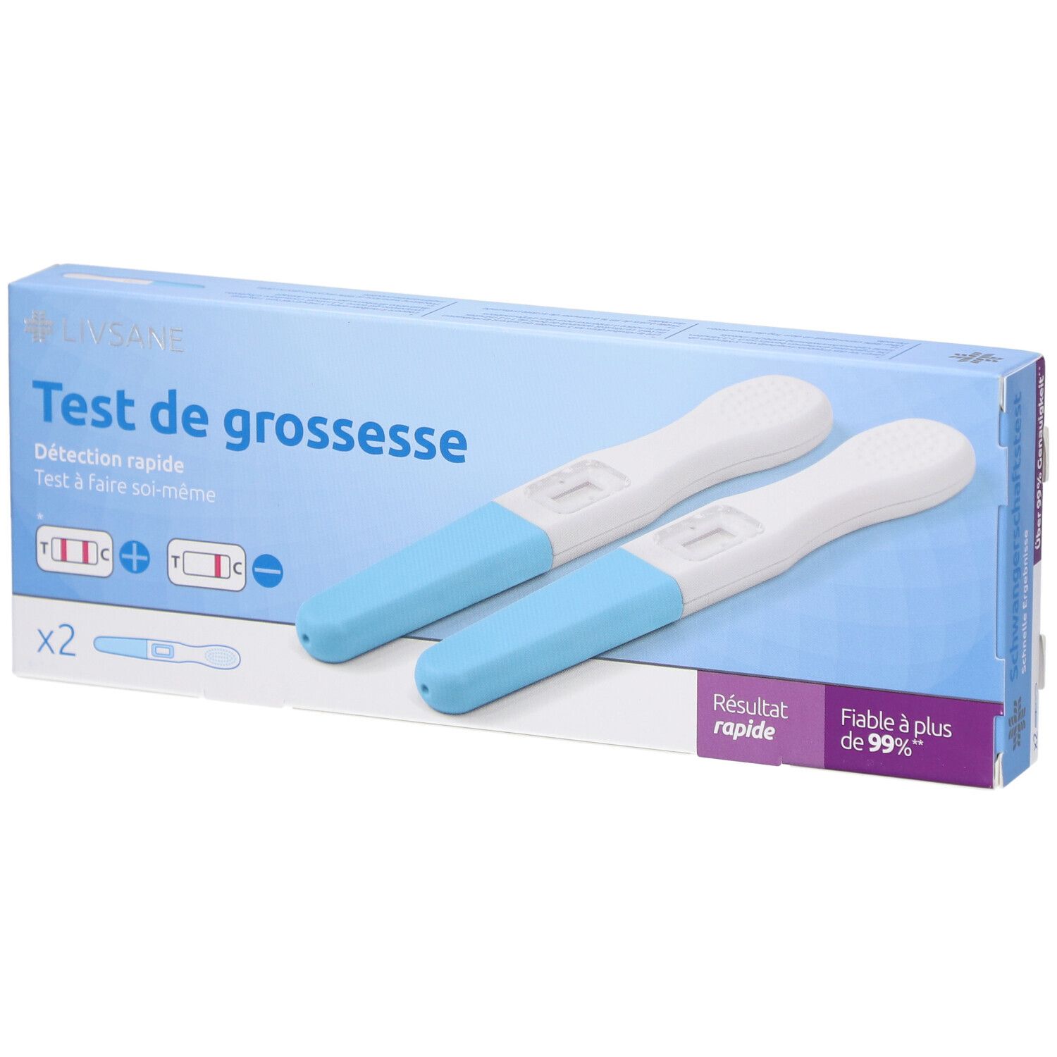 Packung mit zwei Schwangerschaftstests. Blaue und weiße Teststreifen liegen neben der Verpackung. Aufdruck: Test de grossesse.