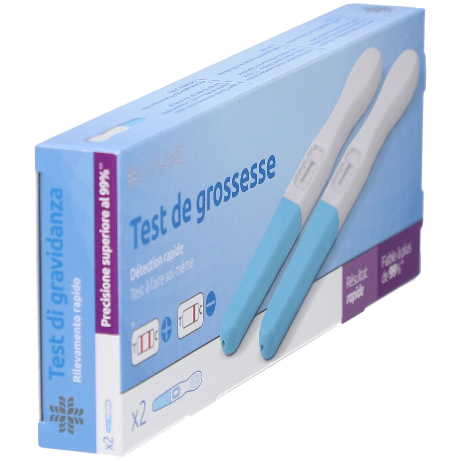 Packung mit zwei Schwangerschaftstests. Blaue und weiße Teststreifen liegen neben der Verpackung. Aufdruck: Test di gravidanza.