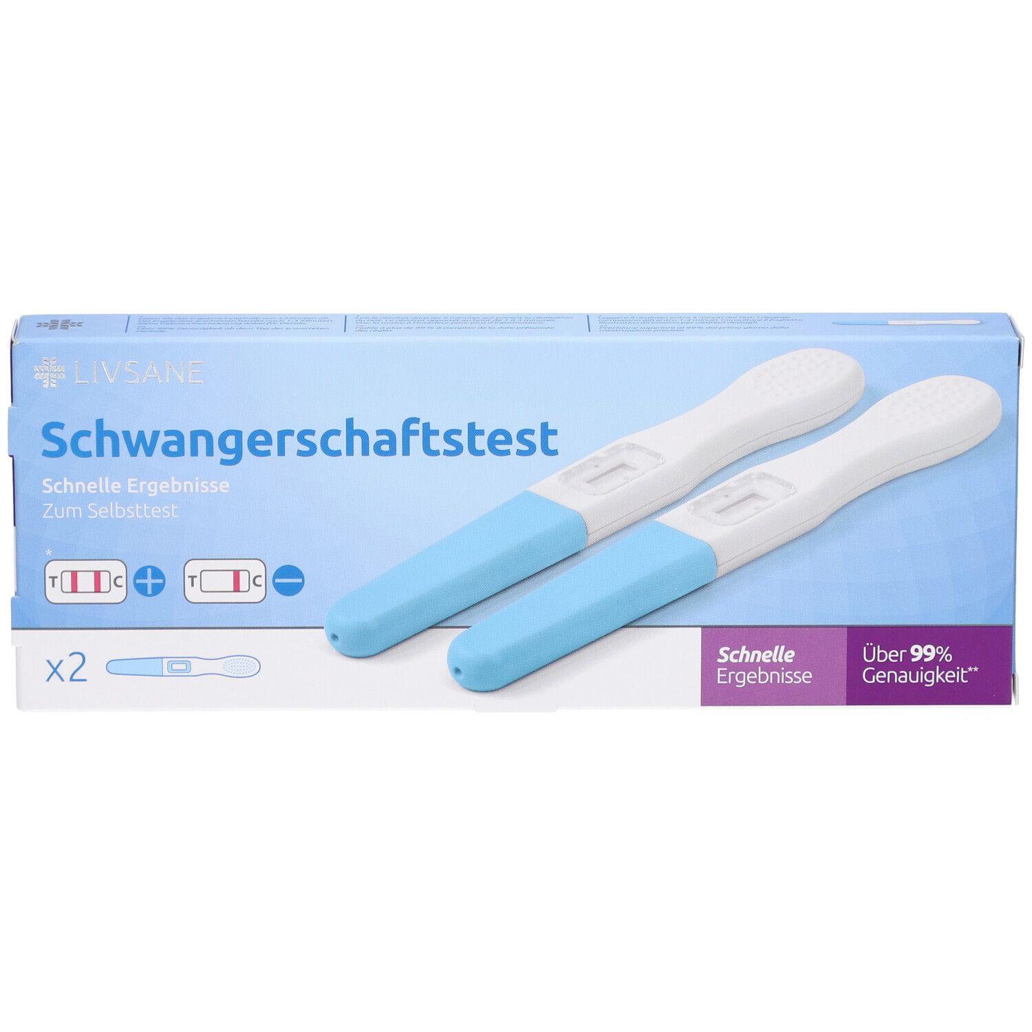 Packung mit zwei Schwangerschaftstests. Blaue und weiße Teststreifen liegen neben der Verpackung. Aufdruck: Schwangerschaftstest.