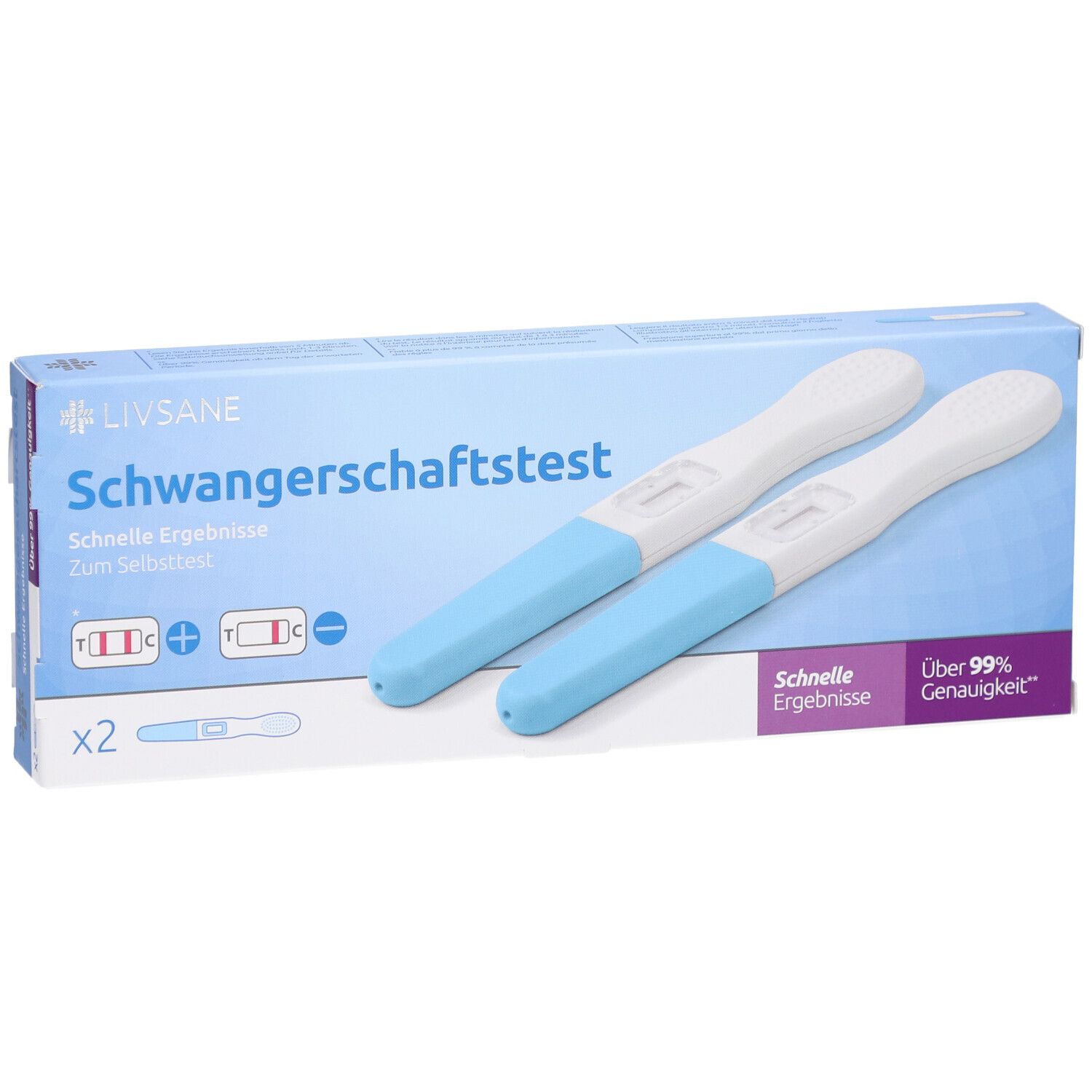 Packung mit zwei Schwangerschaftstests. Blaue und weiße Teststreifen liegen neben der Verpackung. Aufdruck: Schwangerschaftstest.