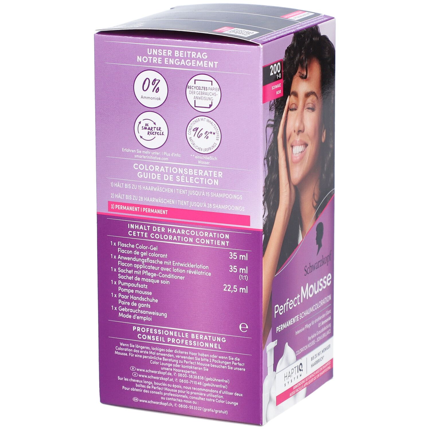 Rückseite der Verpackung von Schwarzkopf Perfect Mousse. Enthält: Color-Gel, Entwicklerlotion, Pflegemaske, Pumpspender, Handschuhe.
